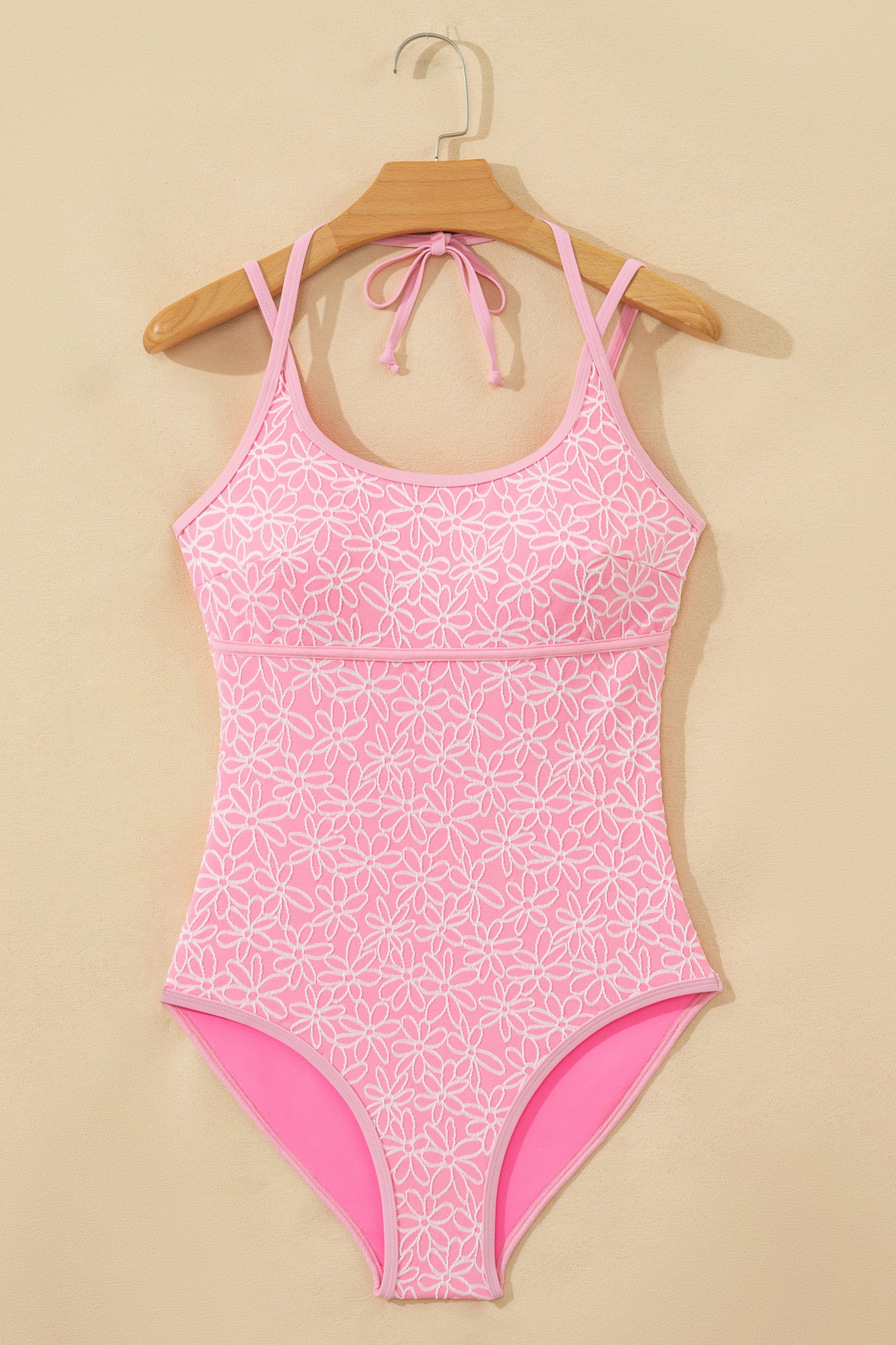 Pink Corded Flower Texture Spaghetti Straps Halterneck One Piece Swimsuit-Swimwear/One Piece Swimsuit-[Adult]-[Female]-2022 Online Blue Zone Planet