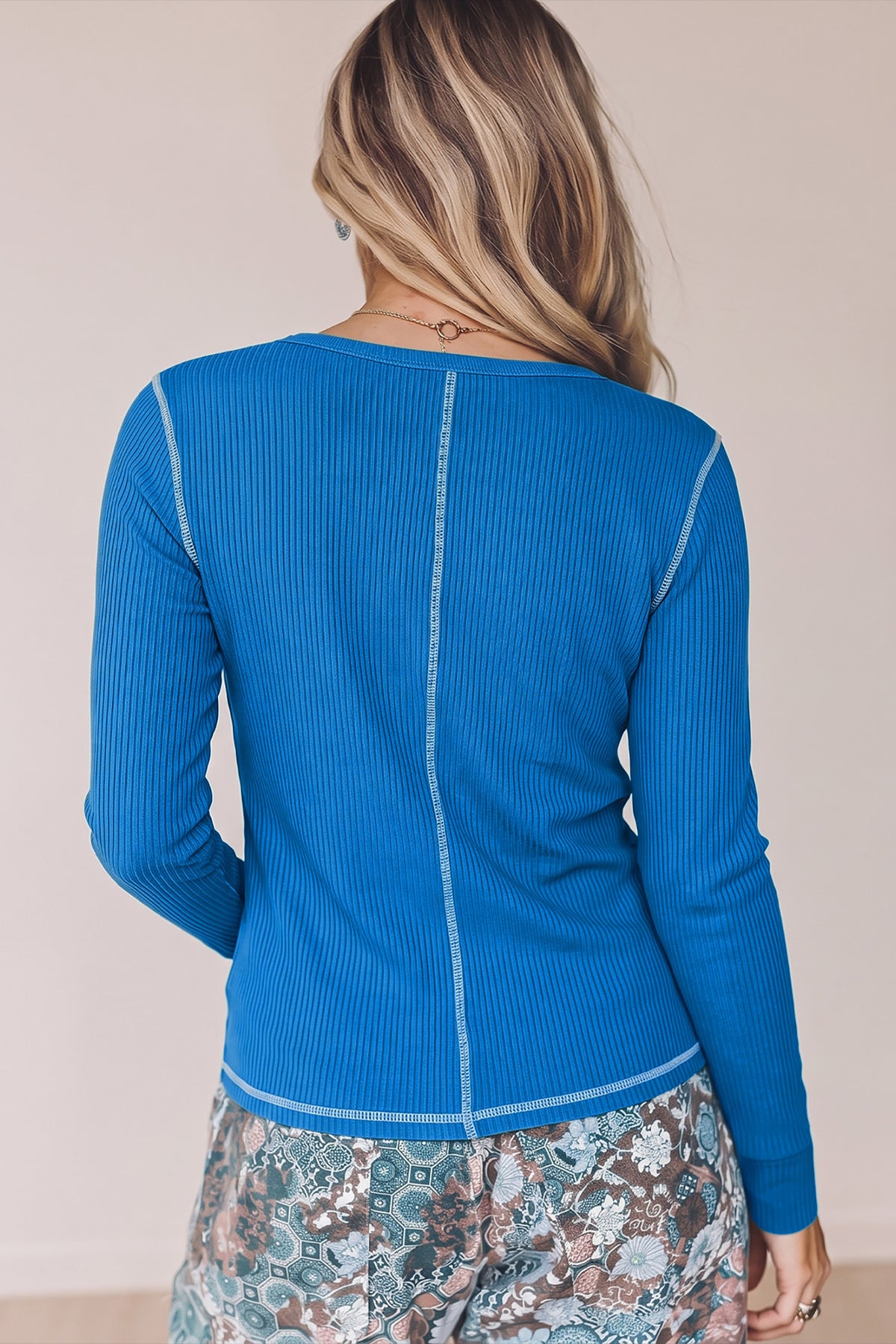 Peacock Blue V Neck Ribbed Stitched Detail Long Sleeve Top-Tops/Long Sleeve Tops-[Adult]-[Female]-2022 Online Blue Zone Planet