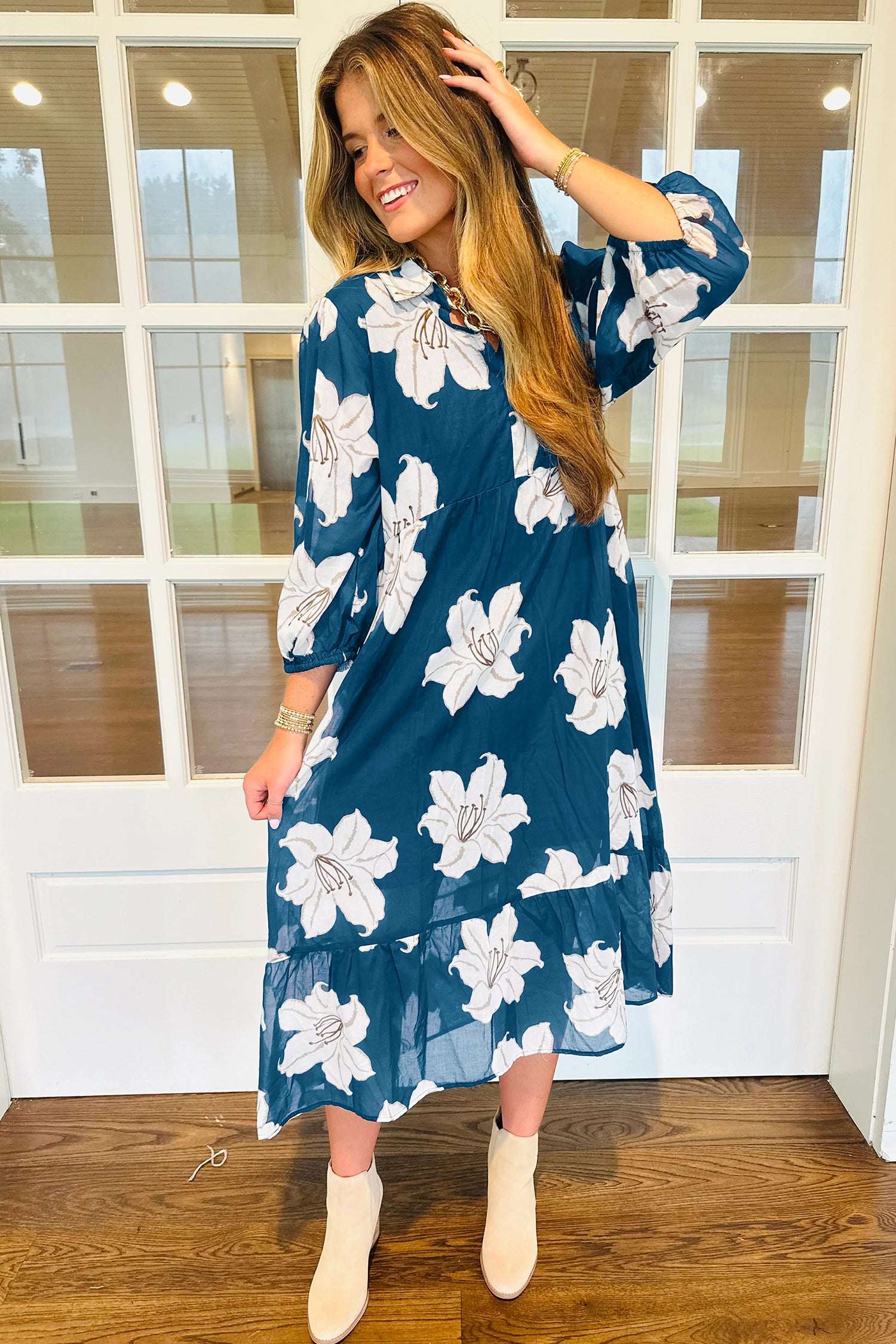 Blue Floral Print Shirt Collar V Neck 3/4 Sleeve Shift Midi Dress-TOPS / DRESSES-[Adult]-[Female]-2022 Online Blue Zone Planet
