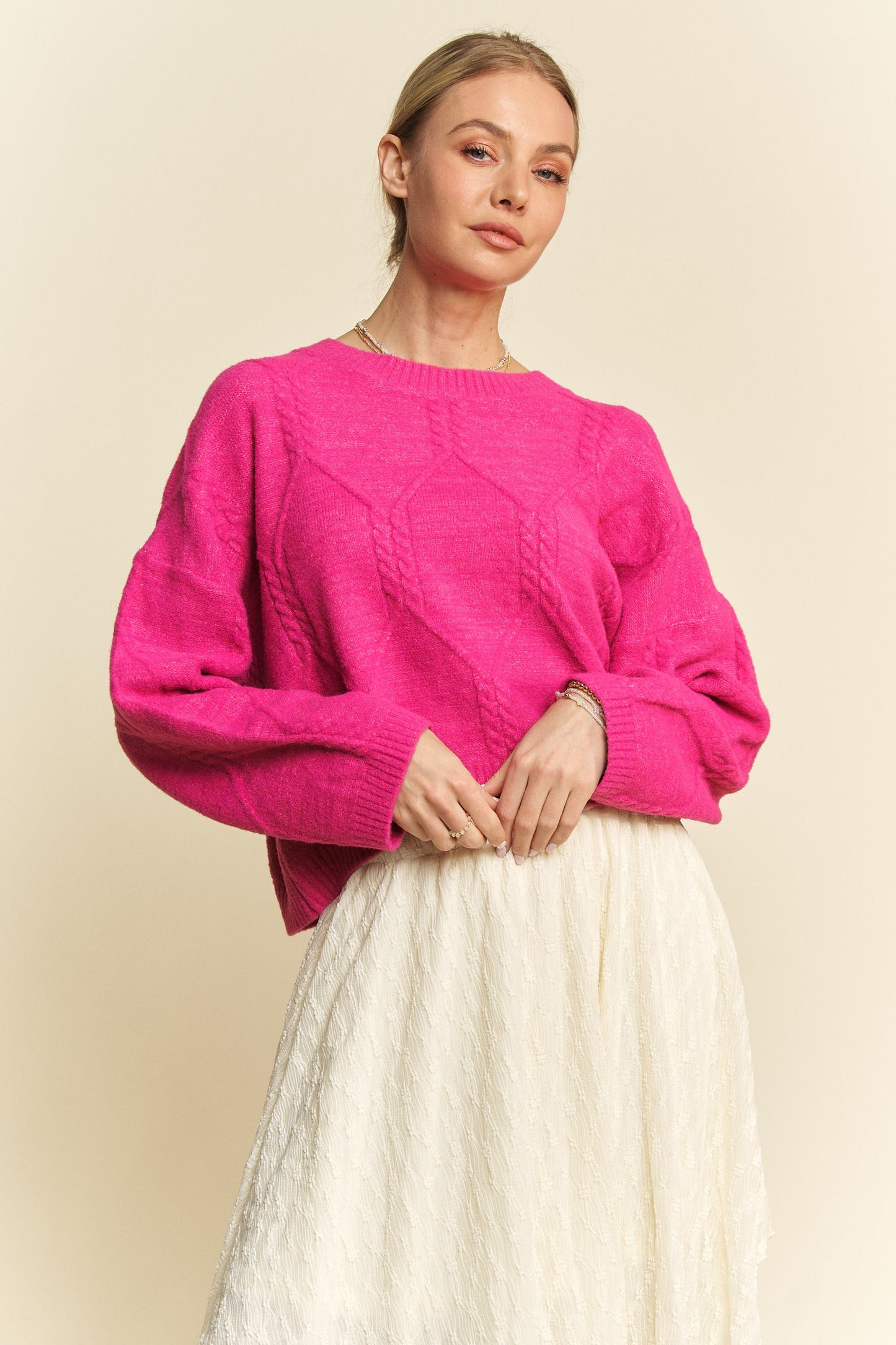 Davi & Dani Diamond Cable Pattern Drop Shoulder Sweater-TOPS / DRESSES-[Adult]-[Female]-2022 Online Blue Zone Planet