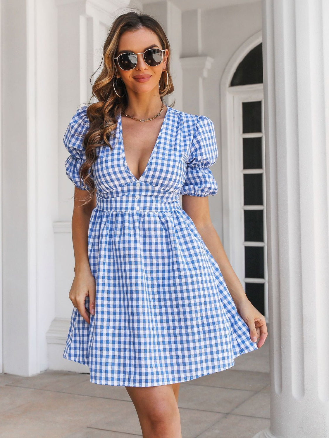 Blue Zone Planet | Decorative Button Plaid Short Sleeve Dress-TOPS / DRESSES-[Adult]-[Female]-2022 Online Blue Zone Planet