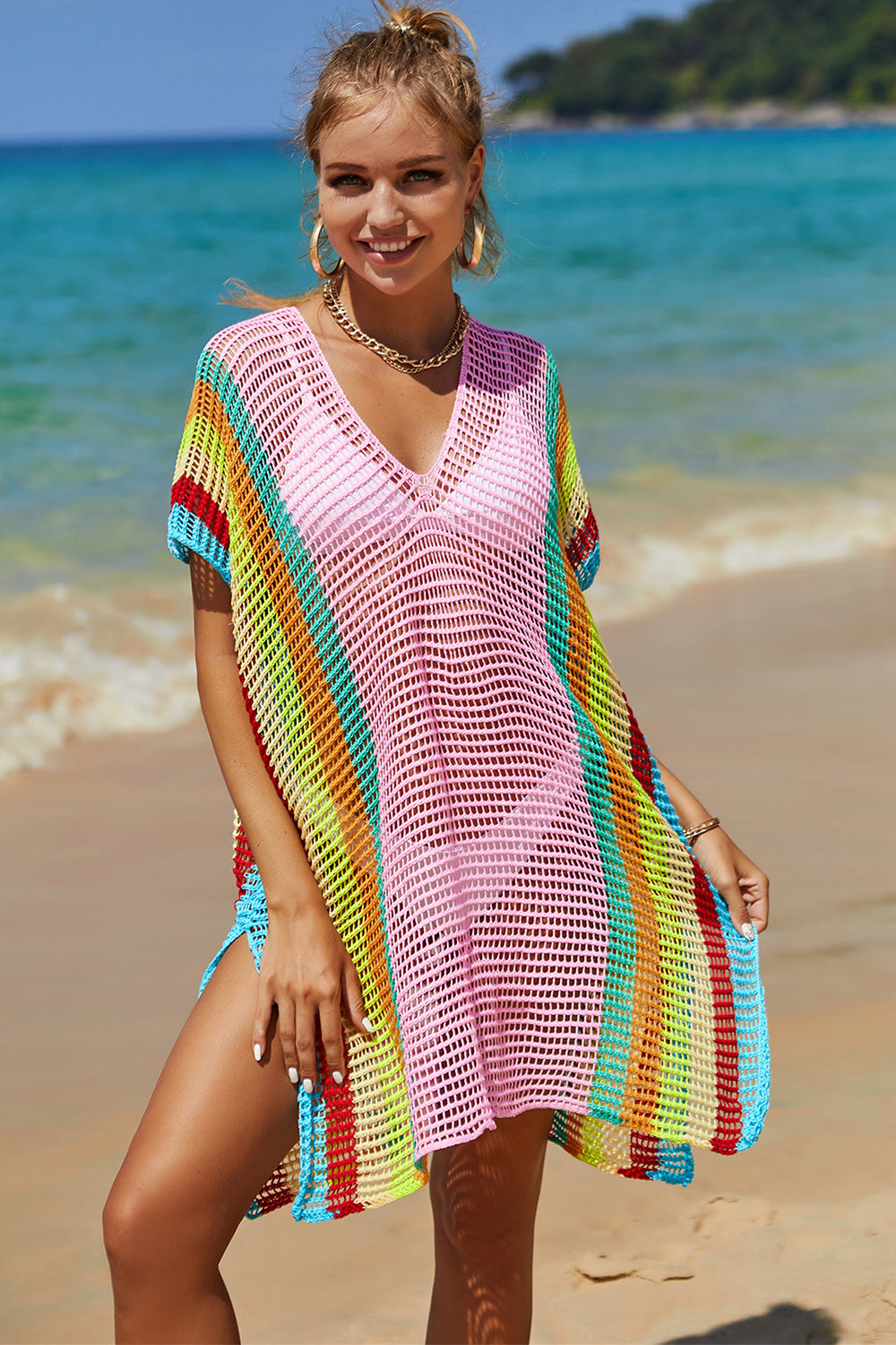 Blue Zone Planet | Angel Wings Openwork Striped Slit Knit Cover Up-TOPS / DRESSES-[Adult]-[Female]-Blush Pink-One Size-2022 Online Blue Zone Planet