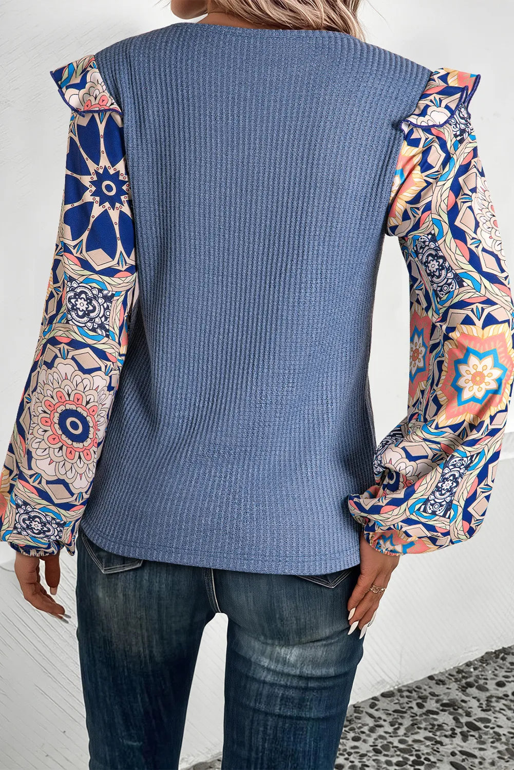 Blue Zone Planet | Ruffled Printed Round Neck Long Sleeve Top-TOPS / DRESSES-[Adult]-[Female]-2022 Online Blue Zone Planet