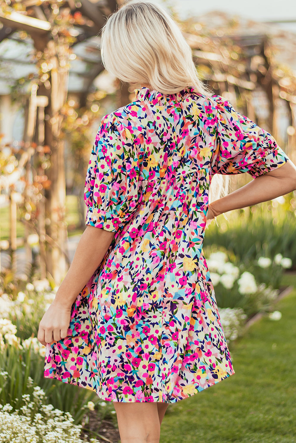 Pink Floral Puff Short Sleeve V Neck Mini Dress-TOPS / DRESSES-[Adult]-[Female]-2022 Online Blue Zone Planet