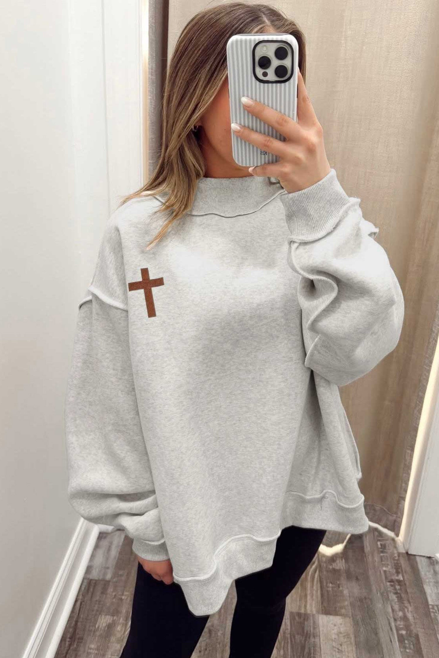 Light Grey Reversible Christian Faith Print Mock Neck Pullover Sweatshirt-Tops/Sweatshirts & Hoodies-[Adult]-[Female]-2022 Online Blue Zone Planet