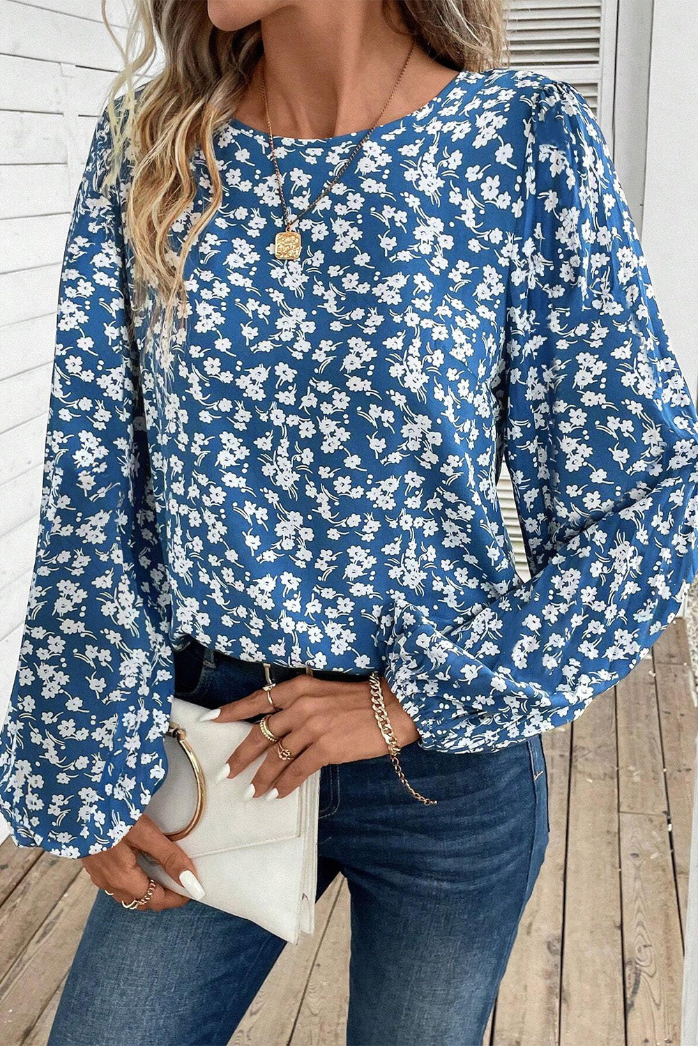 Blue Ditsy Floral Print Lantern Sleeve Blouse-Tops/Blouses & Shirts-[Adult]-[Female]-2022 Online Blue Zone Planet