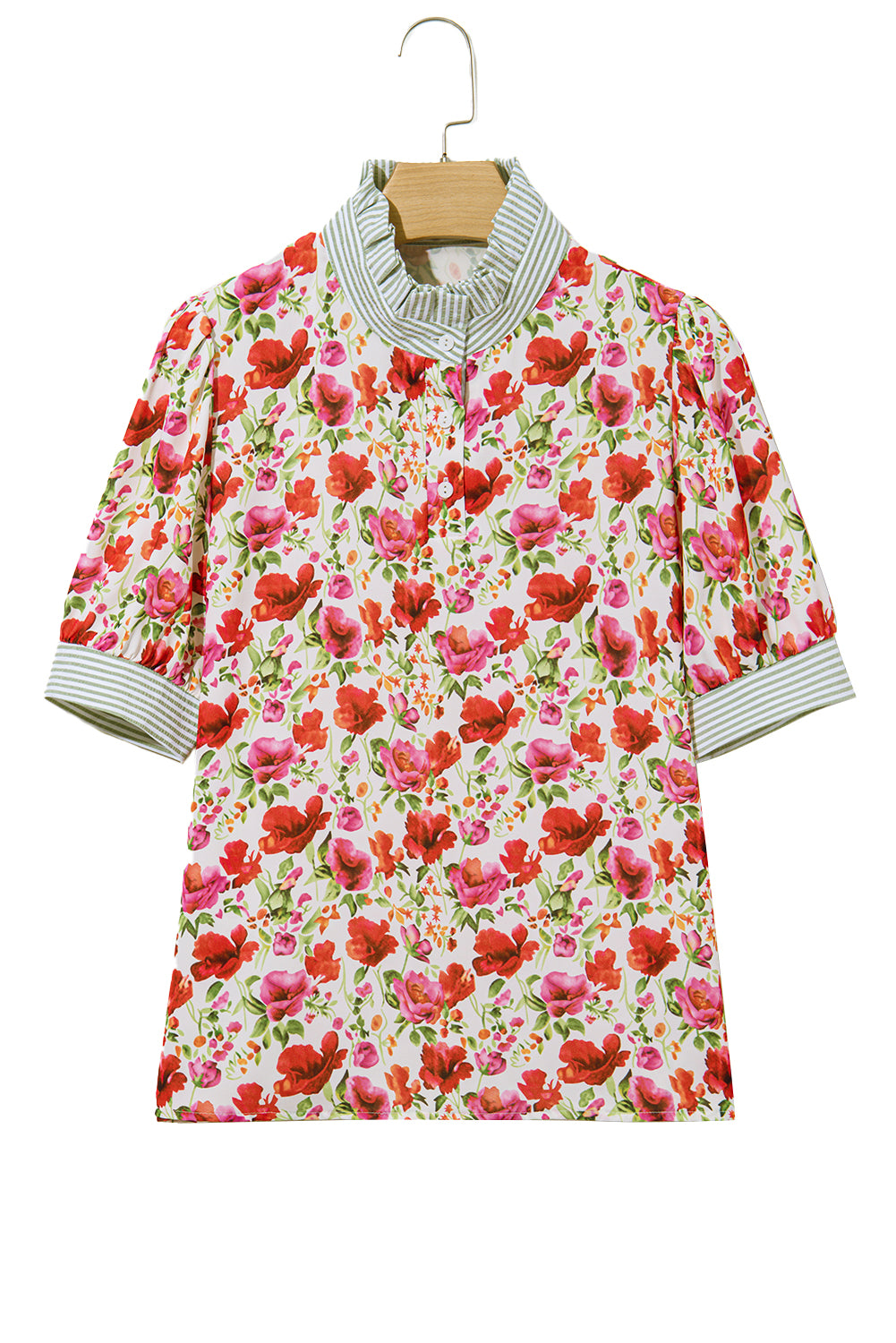 Red Floral Print Striped Patchwork Collared Short Sleeve Blouse-Tops/Blouses & Shirts-[Adult]-[Female]-2022 Online Blue Zone Planet