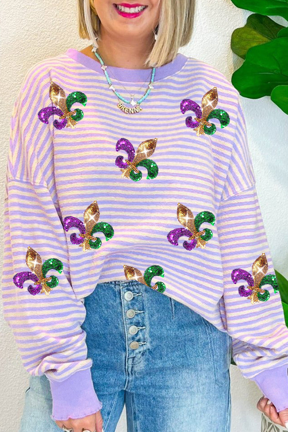 Purple Stripe Sequin Fleur de Lis Patched Pattern Long Sleeve Top-Graphic/Graphic Long Sleeve Tees-[Adult]-[Female]-Purple Stripe-S-2022 Online Blue Zone Planet