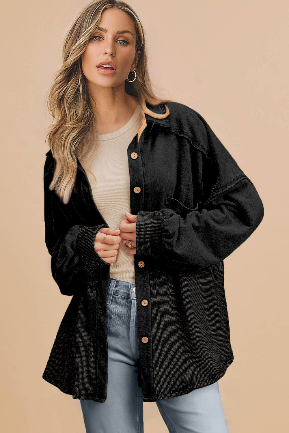 Black Waffle Knit Patchwork Exposed Seam Loose Shacket-Outerwear/Jackets-[Adult]-[Female]-2022 Online Blue Zone Planet