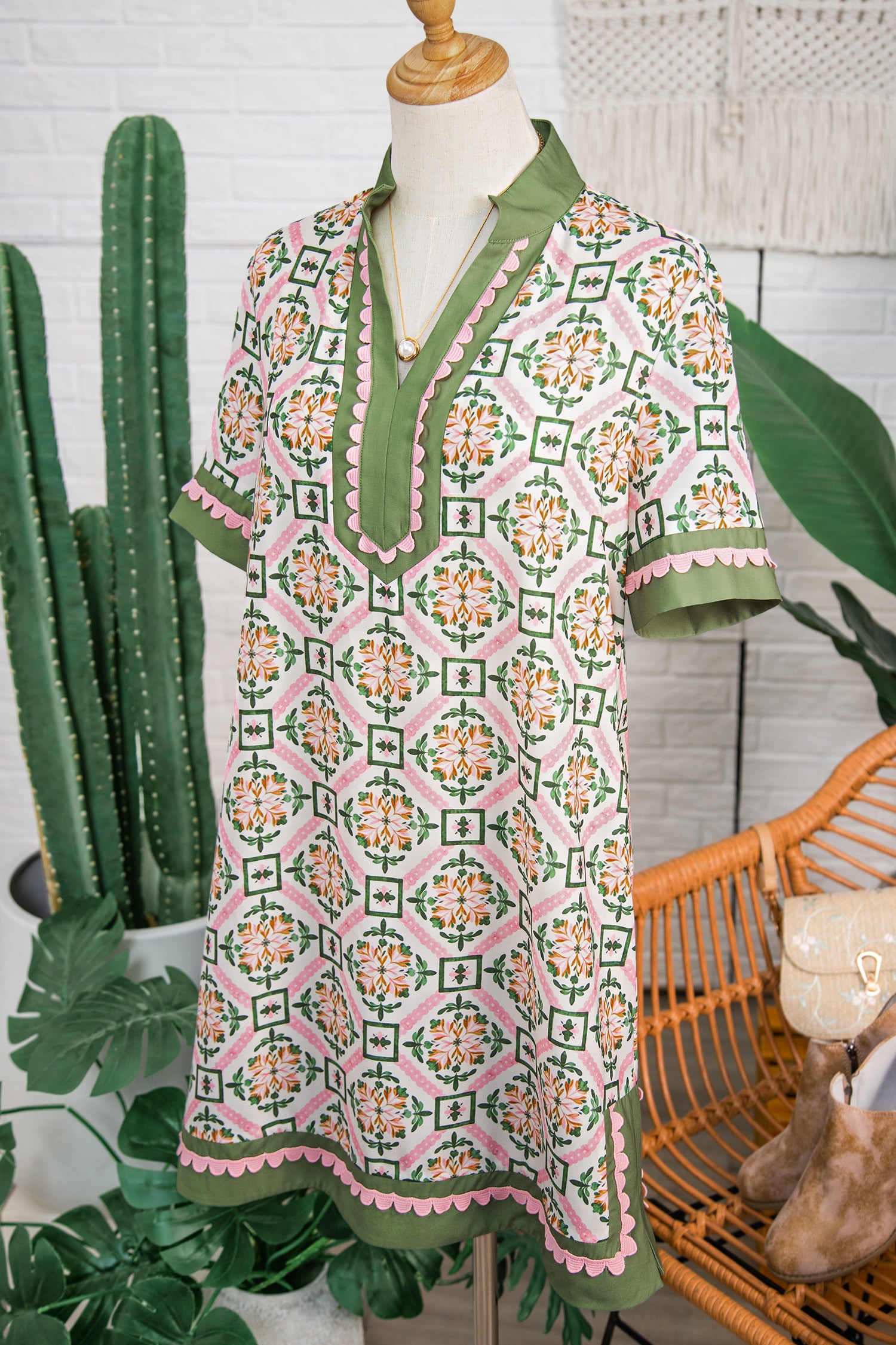 Multicolour Boho Geometric Flower Print Short Sleeve Loose Mini Dress-TOPS / DRESSES-[Adult]-[Female]-2022 Online Blue Zone Planet