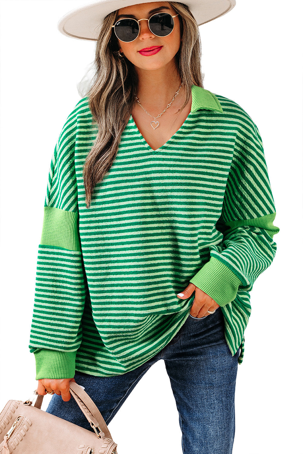 Green Stripe Turn-Down V Neck Patchwork Loose Top-Tops/Long Sleeve Tops-[Adult]-[Female]-2022 Online Blue Zone Planet