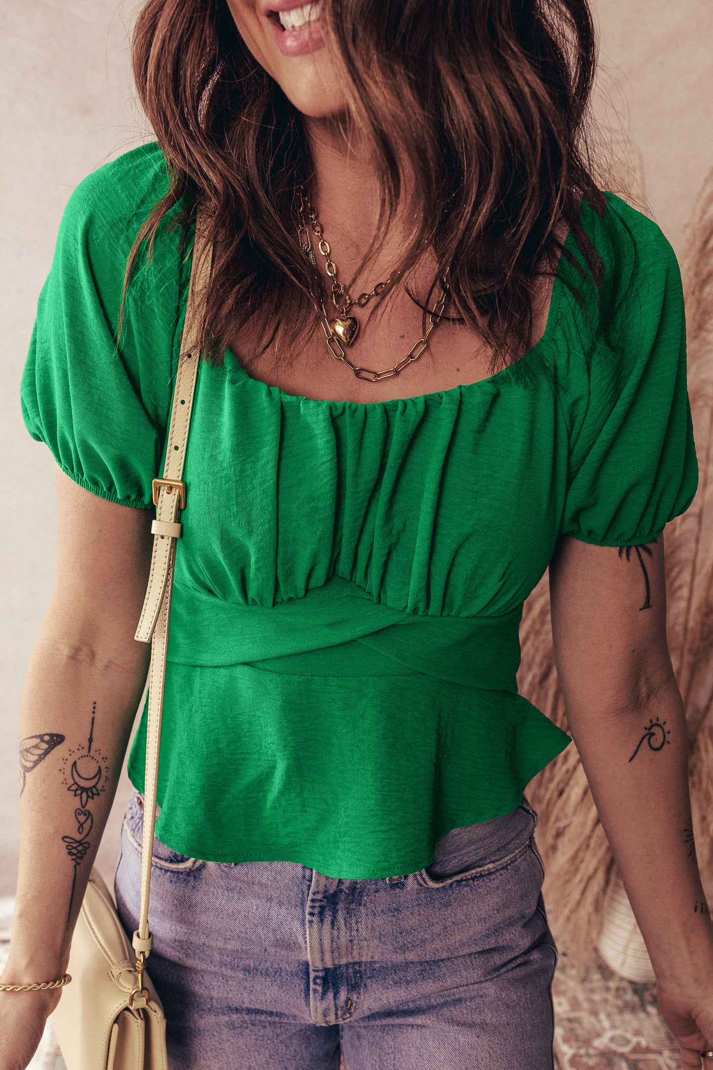 Dark Green Solid Color Ruched Crossed Waist Tied Back Short Sleeve Peplum Top-Tops/Blouses & Shirts-[Adult]-[Female]-Dark Green-S-2022 Online Blue Zone Planet