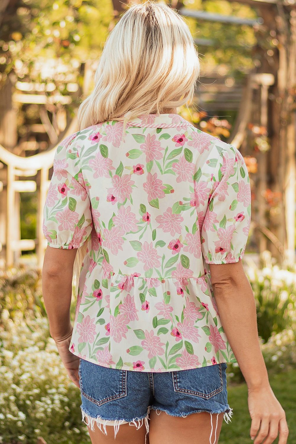 Pink Floral Print Drawstring V Neck Peplum Blouse-Tops/Blouses & Shirts-[Adult]-[Female]-2022 Online Blue Zone Planet