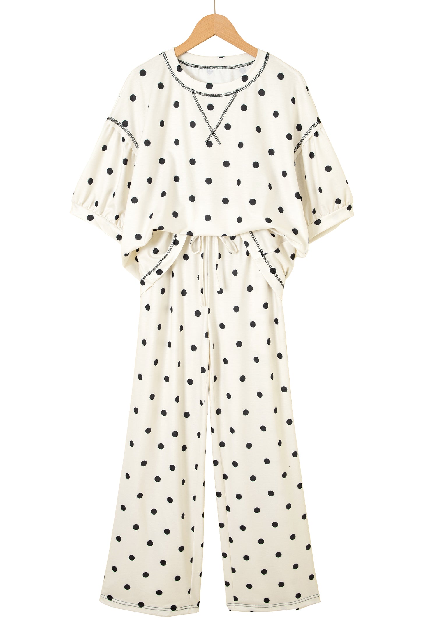 Beige Polka Dot Half Sleeve Loose Top Elastic Waist Casual Pants Set-Two Piece Sets/Pant Sets-[Adult]-[Female]-2022 Online Blue Zone Planet