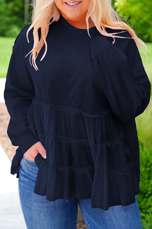 Navy Blue Tiered Ruffle Ribbed Crew Neck Pullover Plus Size Top