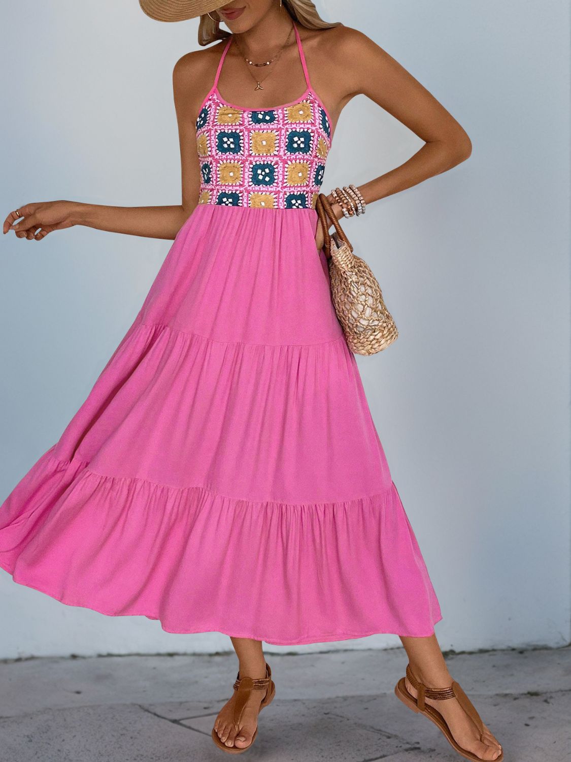 Perfee Printed Halter Neck Tiered Midi Dress-TOPS / DRESSES-[Adult]-[Female]-Fuchsia Pink-S-2022 Online Blue Zone Planet