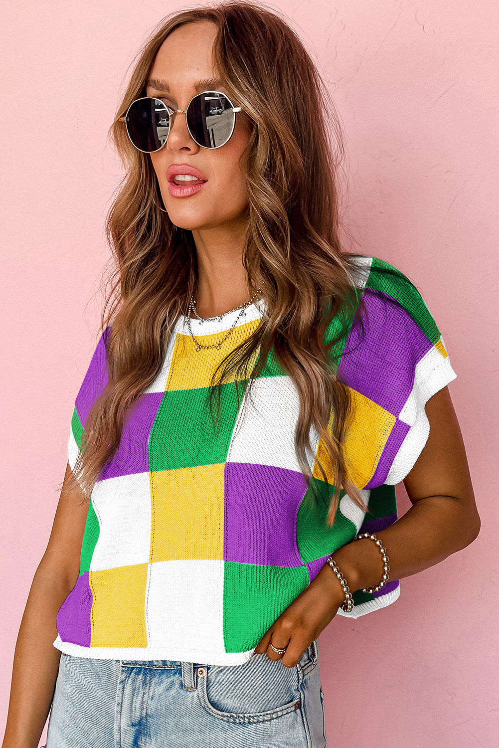 Tillandsia Purple Checkered Color Block Cap Sleeve Mardi Gras Knitted Top-Knit Tops-[Adult]-[Female]-2022 Online Blue Zone Planet