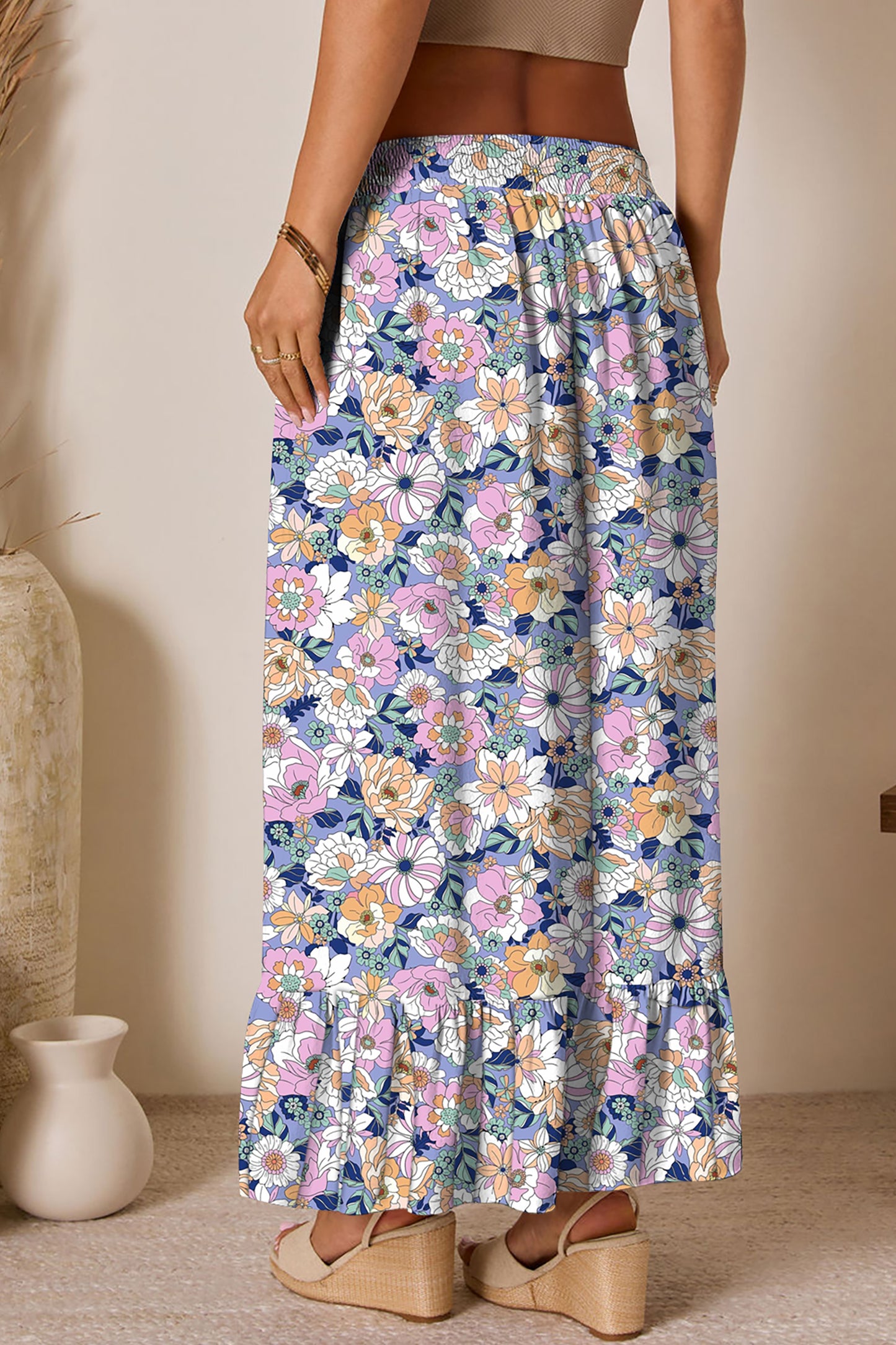 Pink Floral Print Lace-up High Waist Ruffle Hem Maxi Skirt-Bottoms/Skirts & Petticoat-[Adult]-[Female]-2022 Online Blue Zone Planet