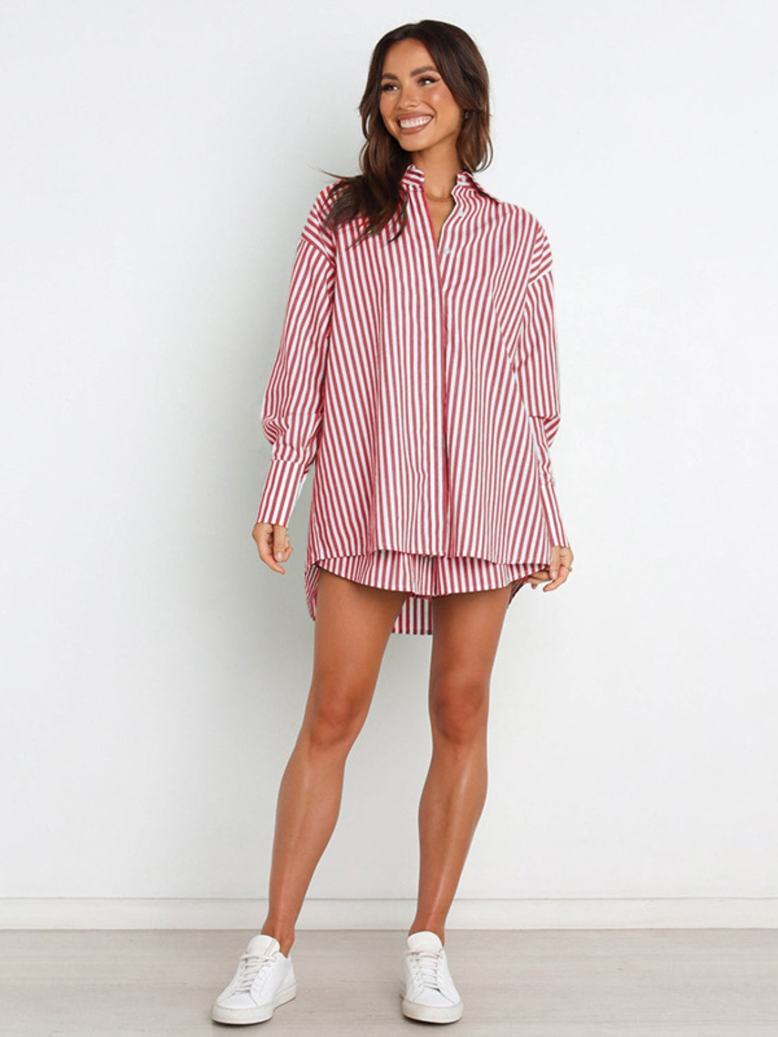 Blue Zone Planet | Striped Dropped Shoulder Shirt and Shorts Set-TOPS / DRESSES-[Adult]-[Female]-2022 Online Blue Zone Planet