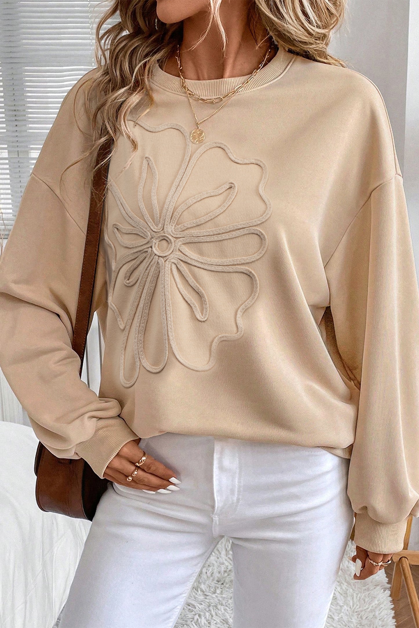 Parchment Embroidered Flower Pattern Drop Shoulder Sweatshirt-Tops/Sweatshirts & Hoodies-[Adult]-[Female]-2022 Online Blue Zone Planet