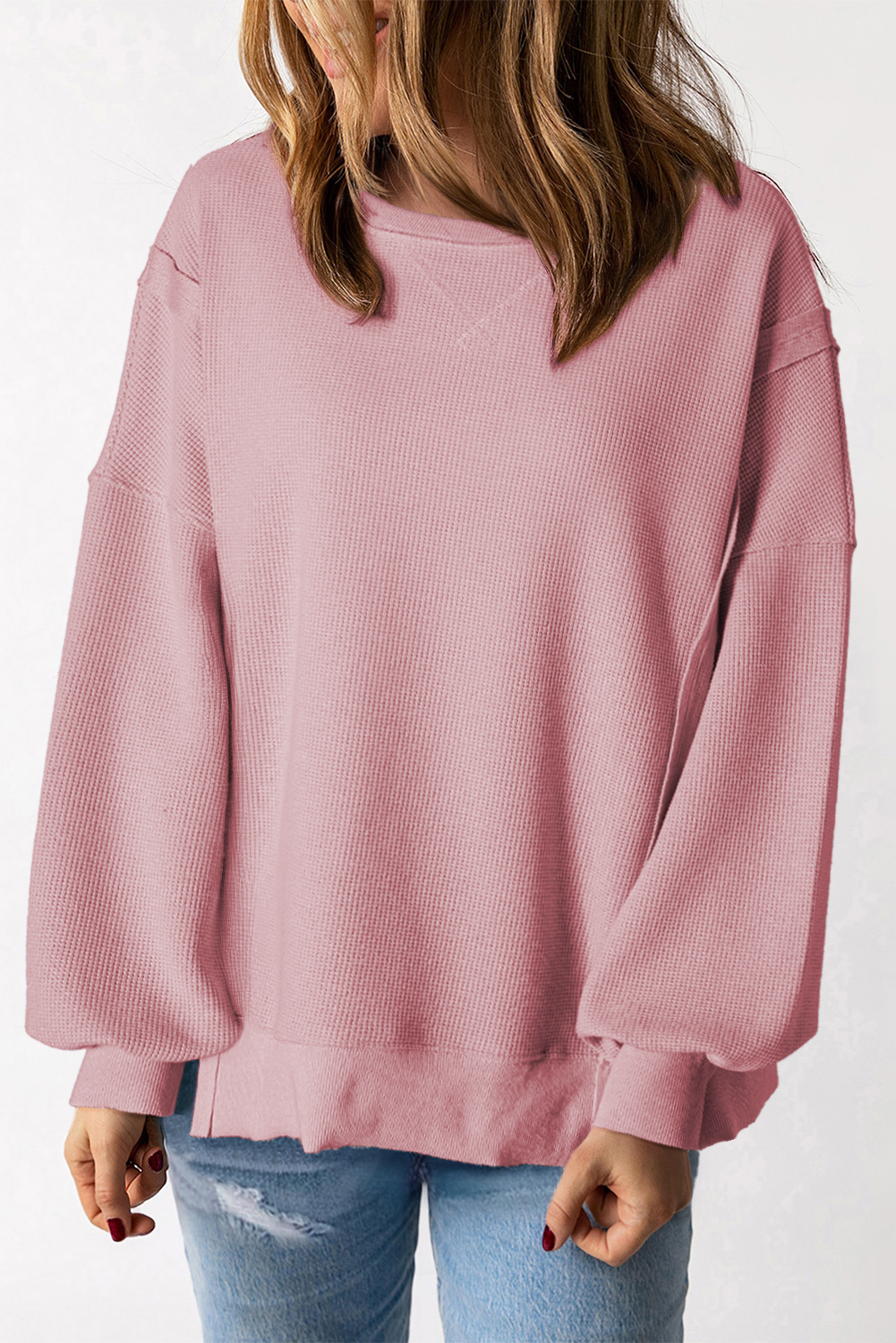 Gray Waffle knit Bishop Sleeve Split Oversized Top-Tops/Long Sleeve Tops-[Adult]-[Female]-Pink-S-2022 Online Blue Zone Planet