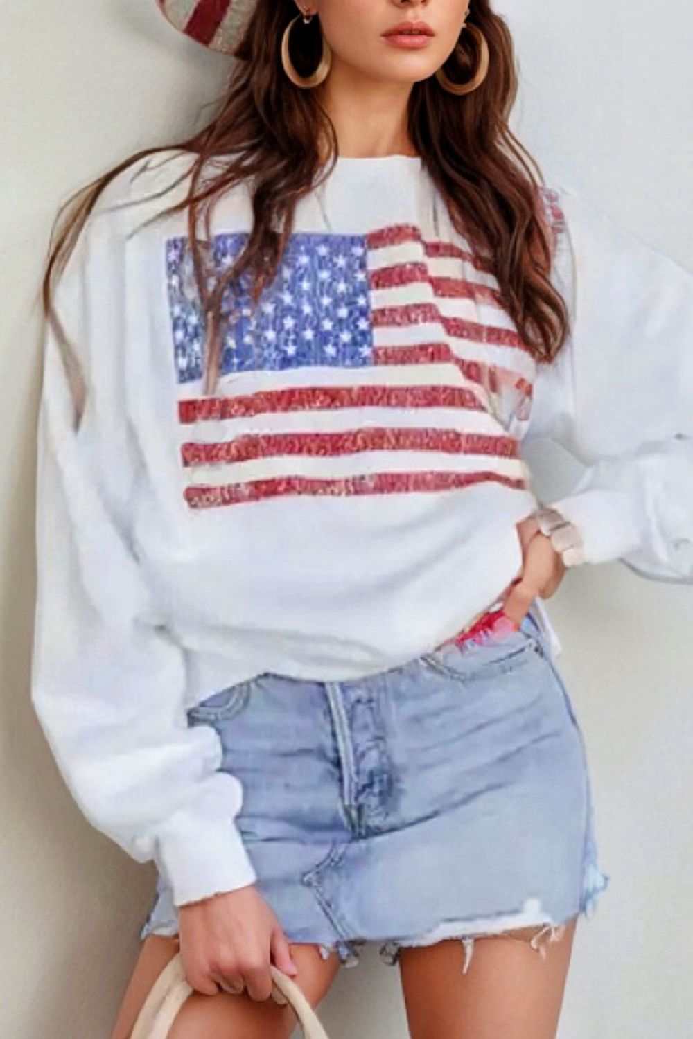 US Flag Round Neck Long Sleeve Sweatshirt-TOPS / DRESSES-[Adult]-[Female]-White-S-2022 Online Blue Zone Planet