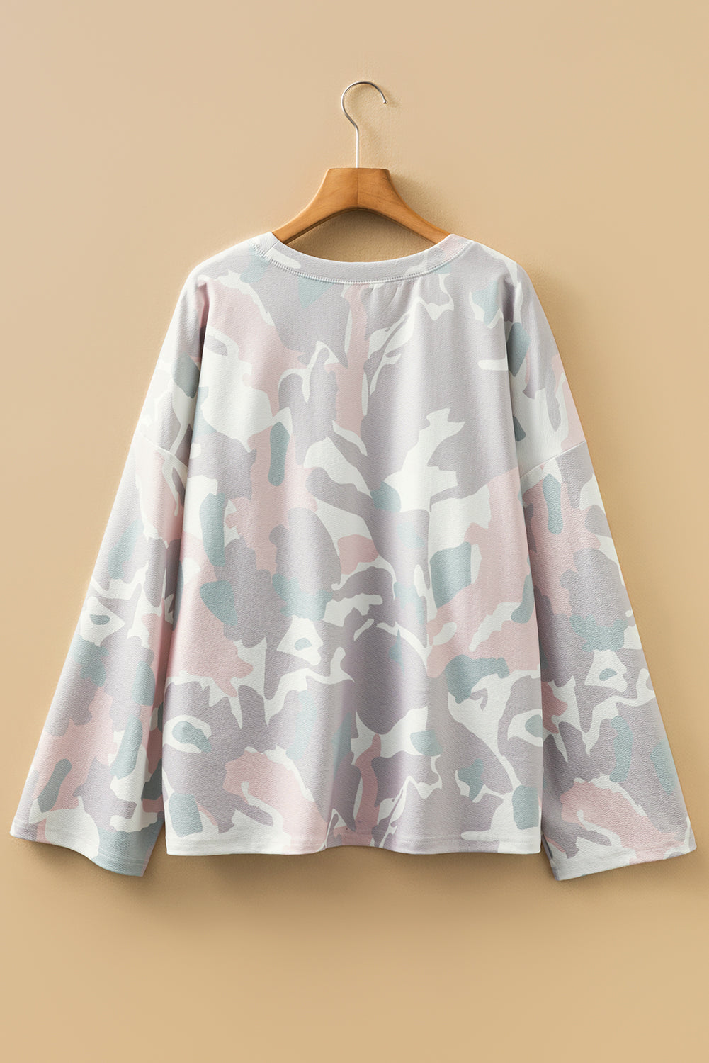 Green Plus Size Camouflage Print Drop Shoulder Loose Pullover Top-Plus Size/Plus Size Tops/Plus Size Long Sleeve Tops-[Adult]-[Female]-2022 Online Blue Zone Planet