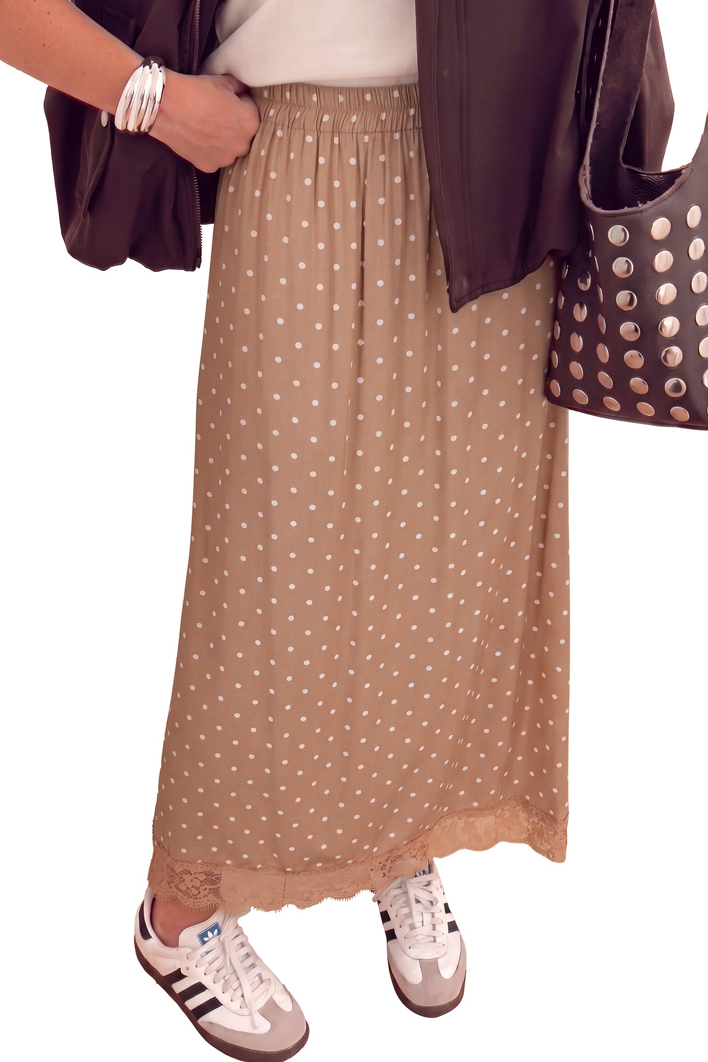 Brown Polka Dot Lace Hem Elegant Long Shift Skirt-Bottoms/Skirts & Petticoat-[Adult]-[Female]-2022 Online Blue Zone Planet