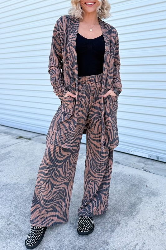 Khaki Twisted Ribbed Zebra Print Open Cardigan Wide Leg Pant Set-Two Piece Sets/Pant Sets-[Adult]-[Female]-Khaki-S-2022 Online Blue Zone Planet