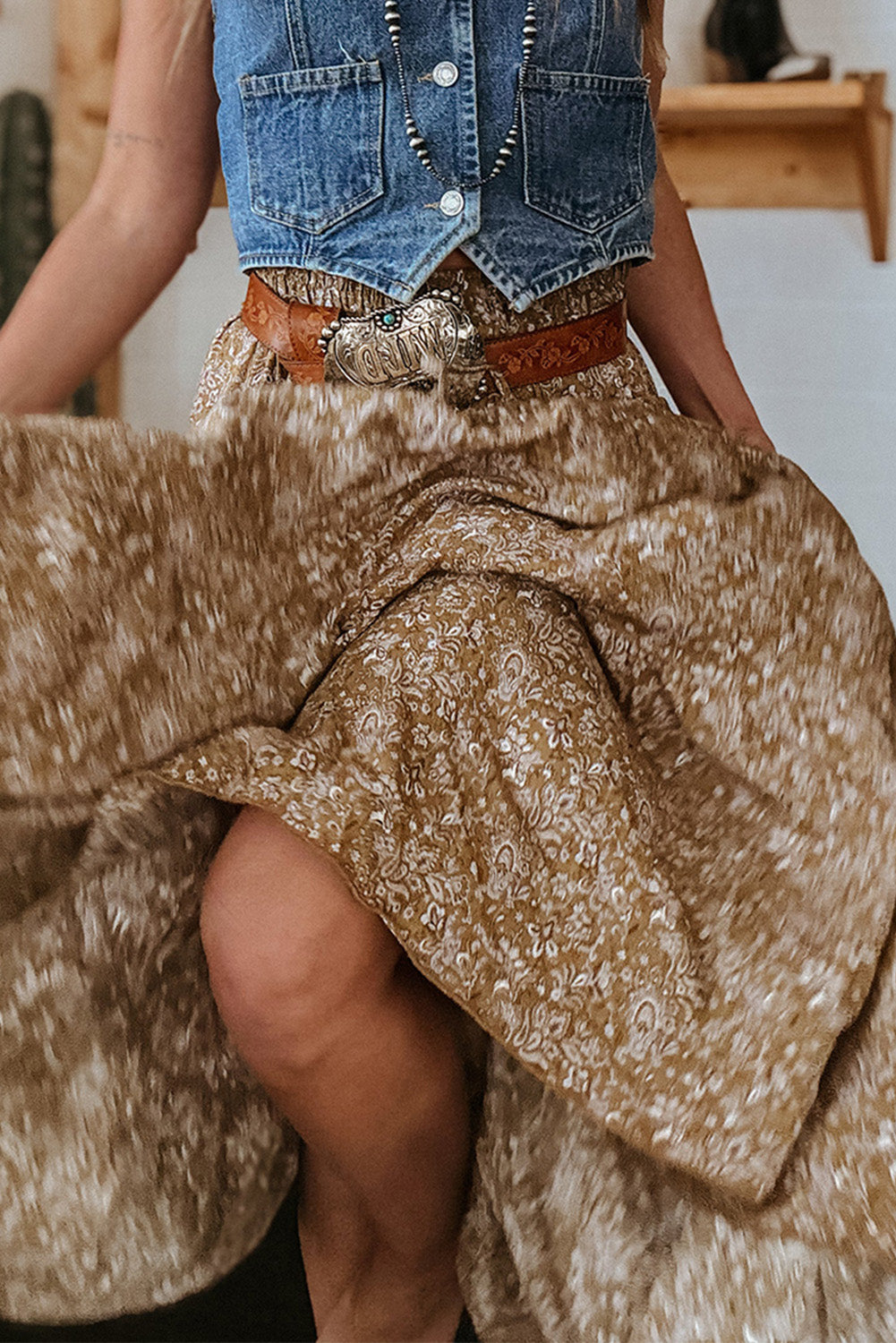 Brown Western Floral Print Ruffled Hem High Waist Loose Maxi Skirt-Bottoms/Skirts & Petticoat-[Adult]-[Female]-2022 Online Blue Zone Planet