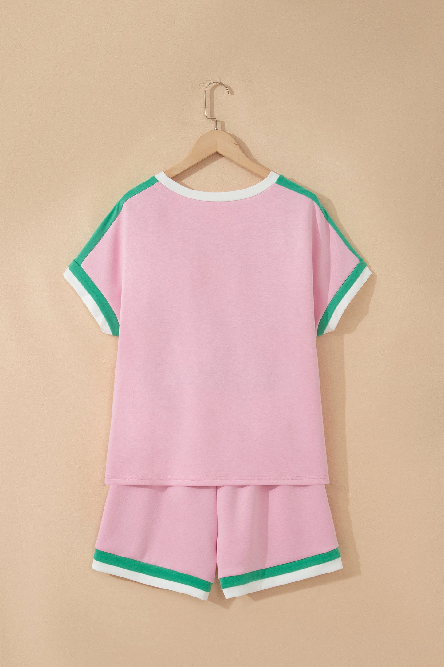 Bonbon Striped Trim Casual Tee Drawstring Shorts 2pcs Set-Two Piece Sets/Short Sets-[Adult]-[Female]-2022 Online Blue Zone Planet