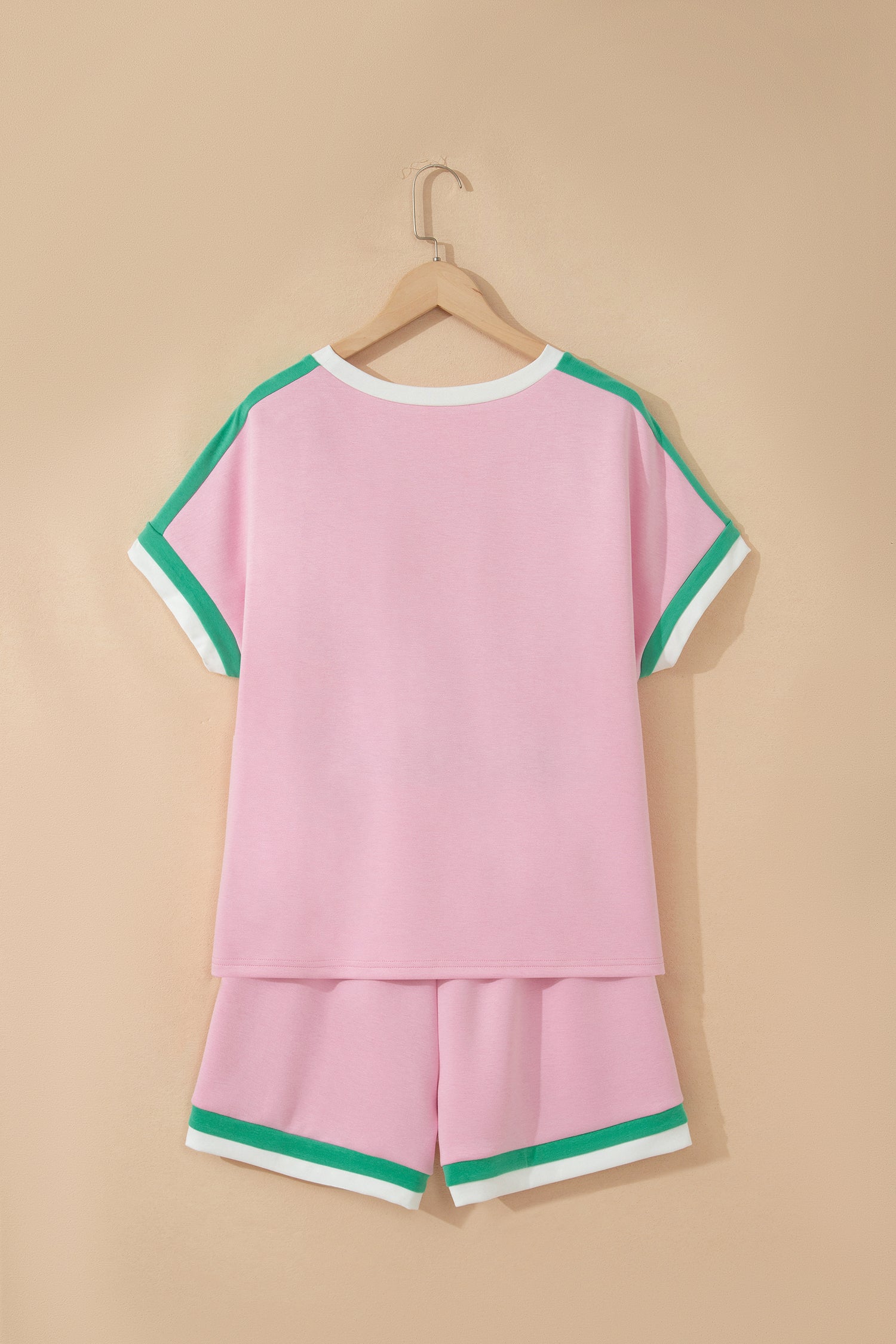 Bonbon Striped Trim Casual Tee Drawstring Shorts 2pcs Set-Two Piece Sets/Short Sets-[Adult]-[Female]-2022 Online Blue Zone Planet