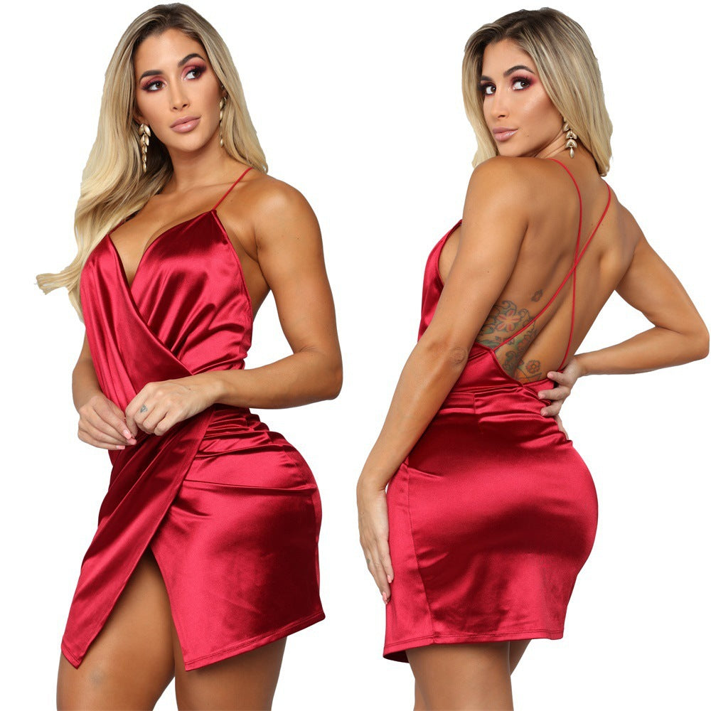 Tina's Crisscross Ruched Tulip Hem Satin Mini Dress-TOPS / DRESSES-[Adult]-[Female]-2022 Online Blue Zone Planet