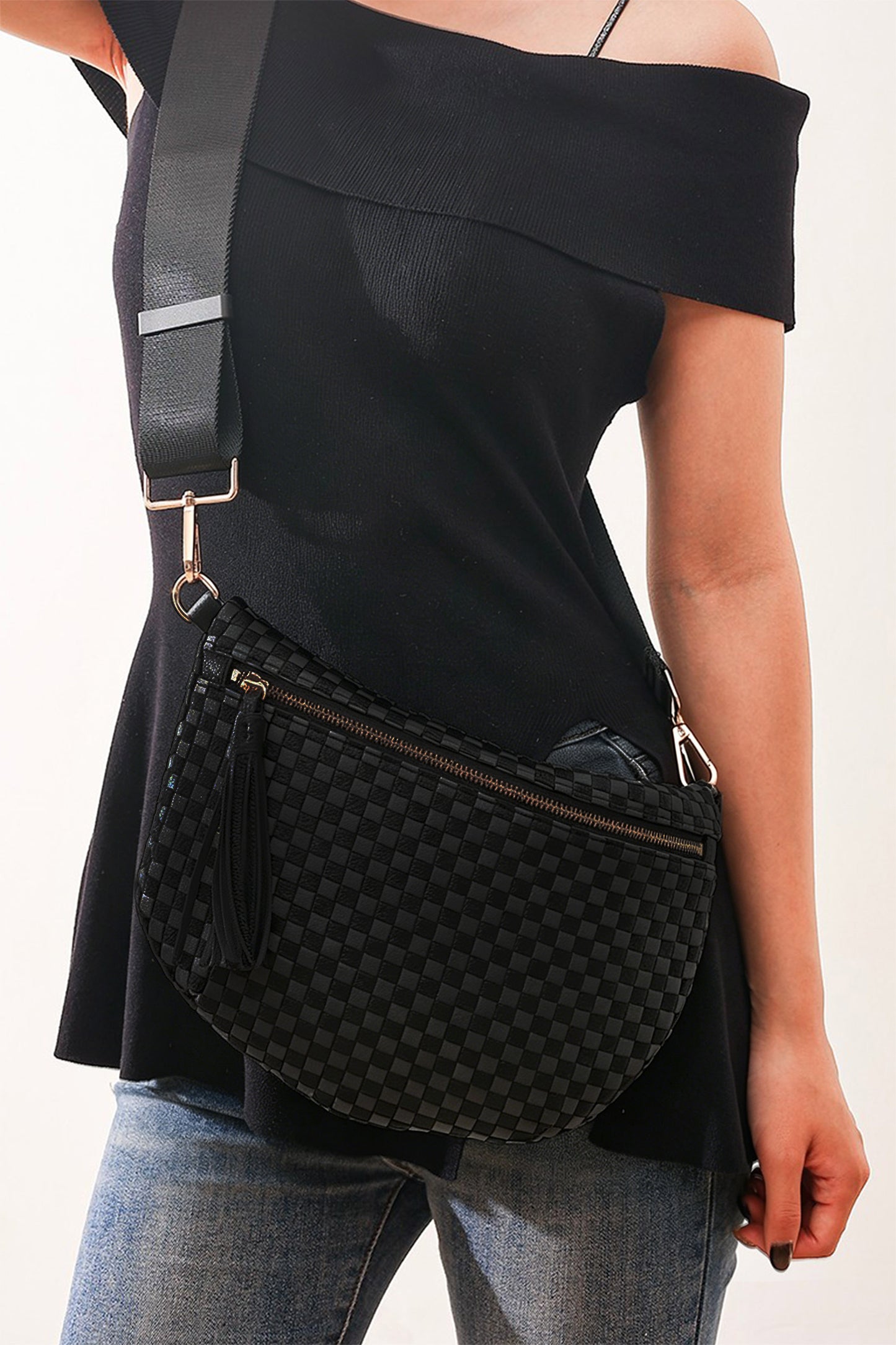 White Checkered Woven PU Leather Crossbody Bag Adjustable Strap Large Size