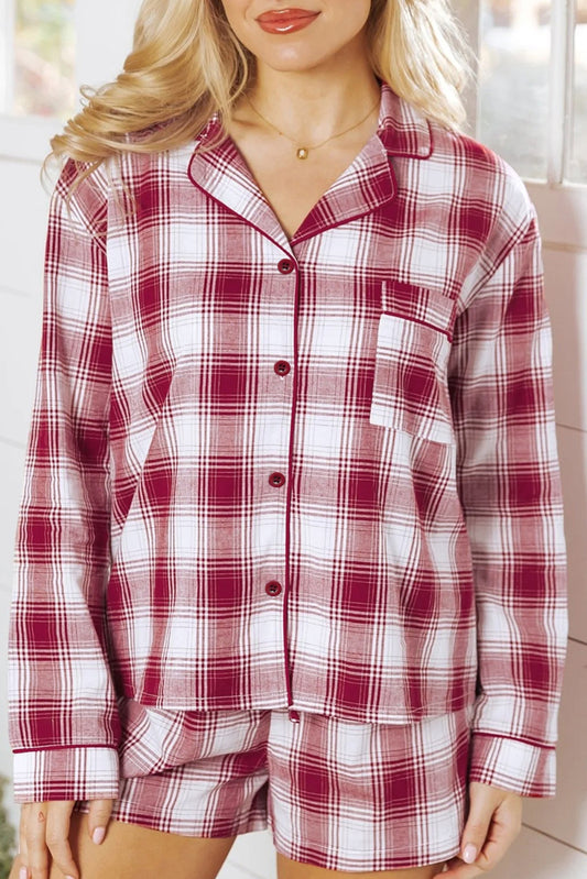 Red Retro Plaid Long Sleeve Shirt Drawstring Shorts 2pcs Lounge Set-Loungewear & Sleepwear/Sleepwear-[Adult]-[Female]-Red-S-2022 Online Blue Zone Planet