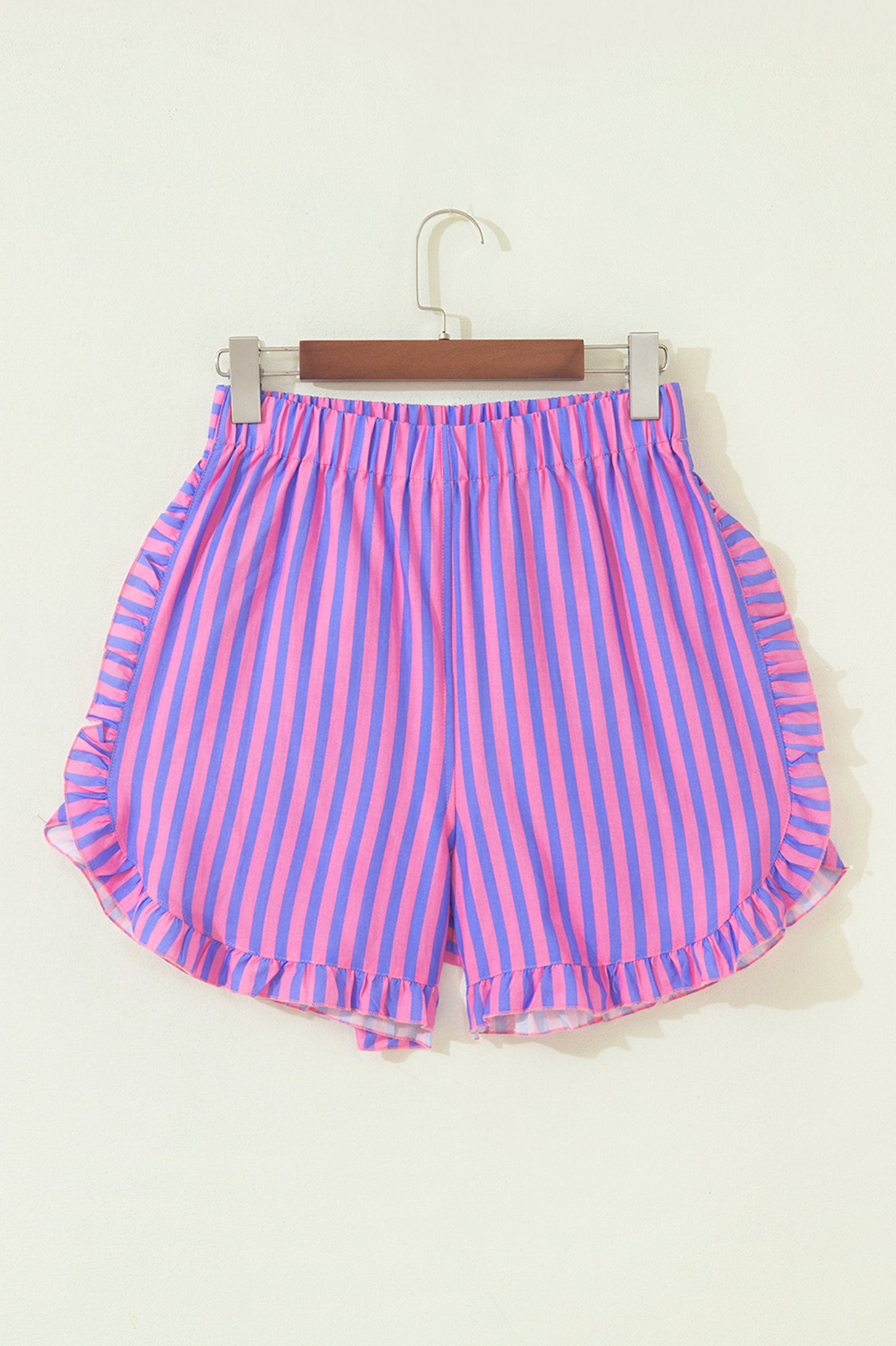 Sky Blue Stripe Elastic Waist Ruffle Trim Casual Shorts-Bottoms/Casual Shorts-[Adult]-[Female]-2022 Online Blue Zone Planet