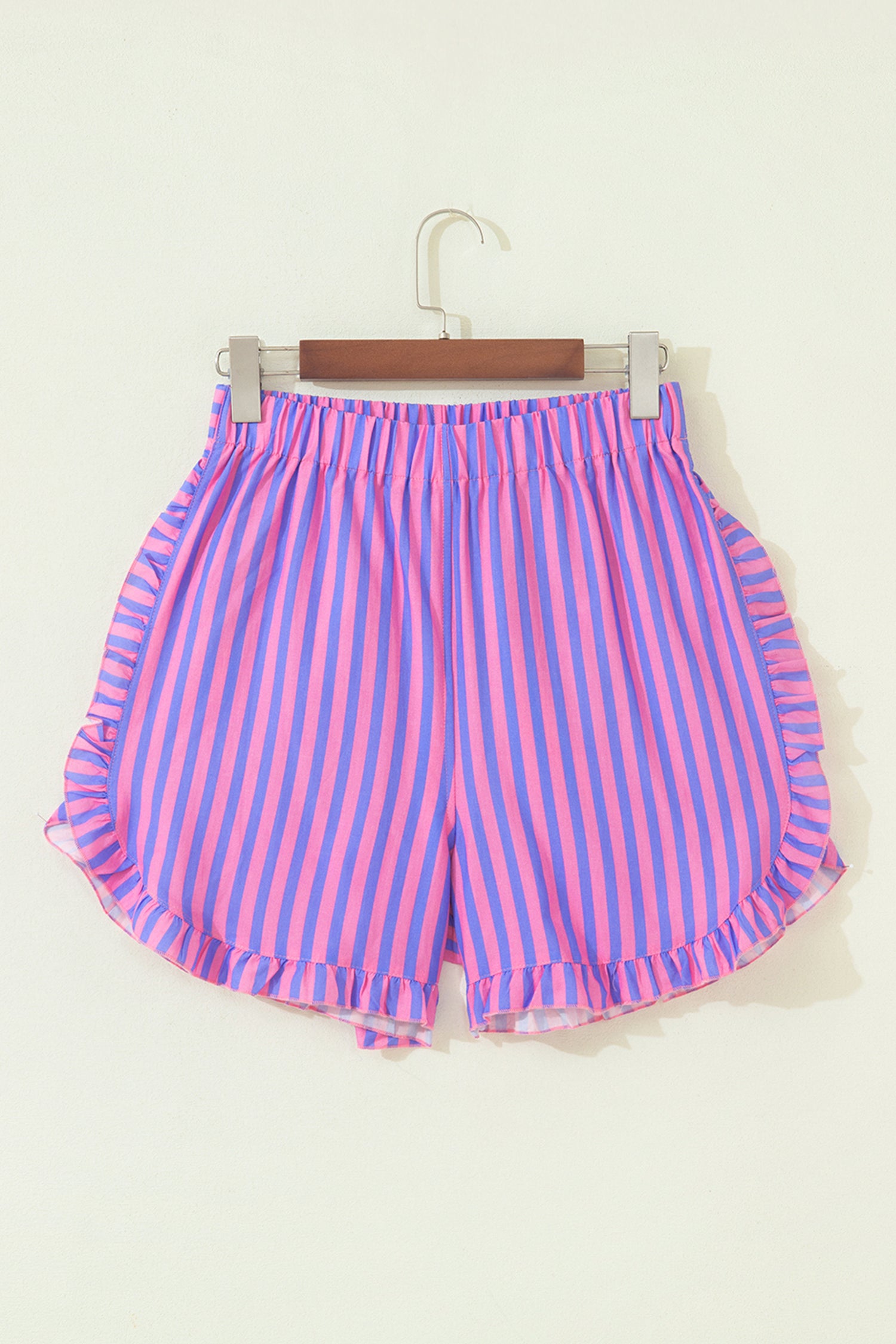 Sky Blue Stripe Elastic Waist Ruffle Trim Casual Shorts-Bottoms/Casual Shorts-[Adult]-[Female]-2022 Online Blue Zone Planet