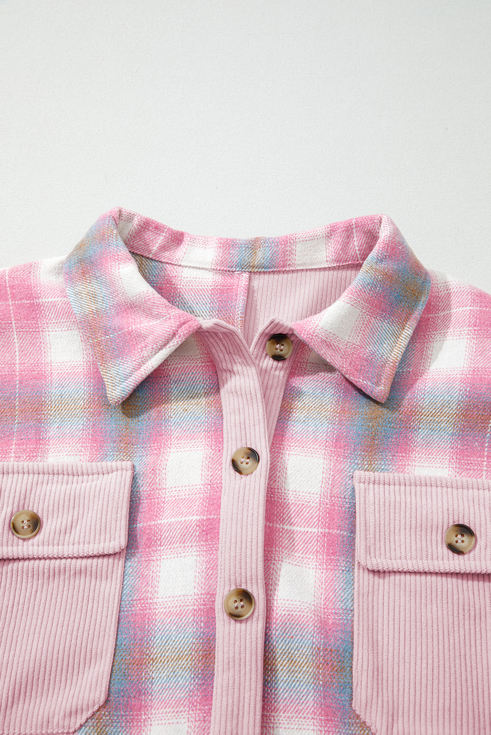 Pink Brushed Plaid Corduroy Flap Pockets Patchwork Shacket-Outerwear/Plaid Shackets-[Adult]-[Female]-2022 Online Blue Zone Planet