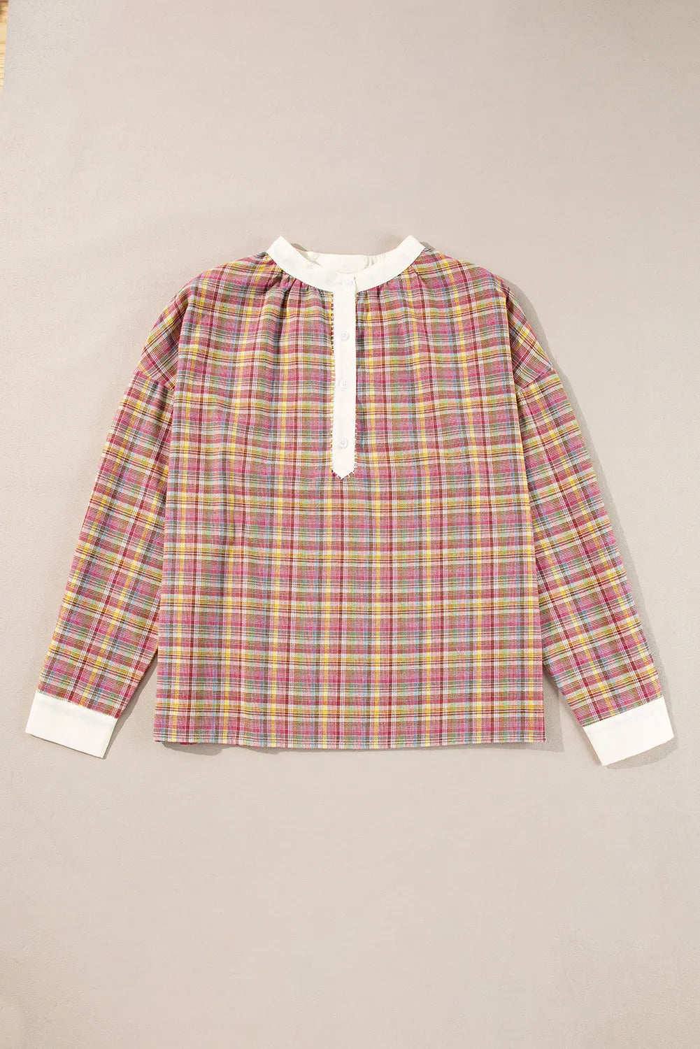 Blue Zone Planet | Plaid Half Button Long Sleeve Blouse-TOPS / DRESSES-[Adult]-[Female]-2022 Online Blue Zone Planet