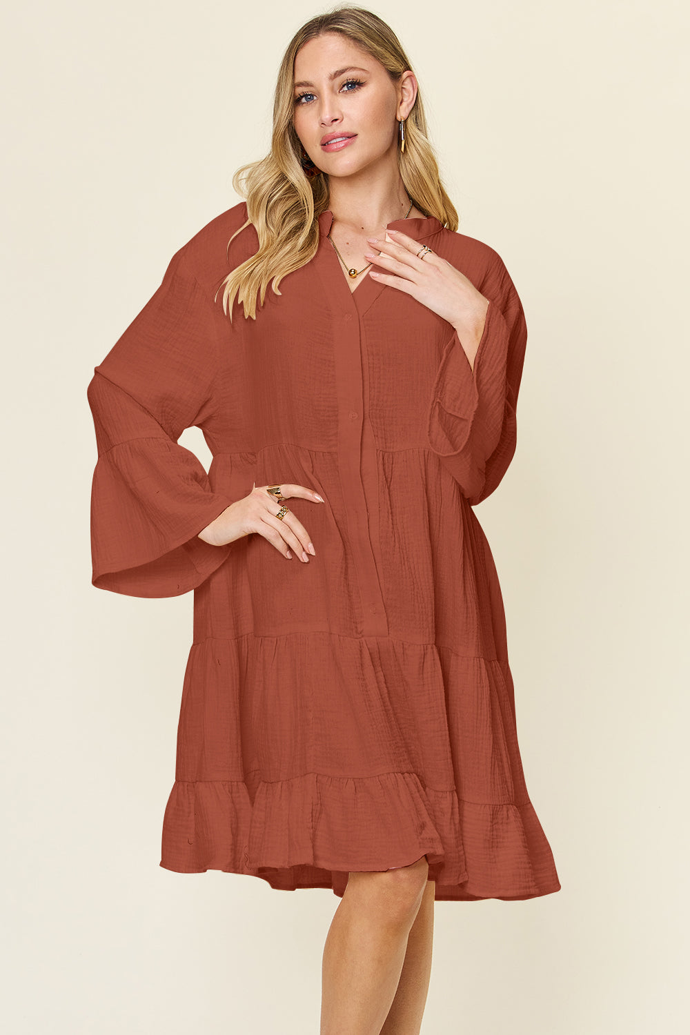 Double Take Full Size Texture Button Up Ruffle Hem Dress-TOPS / DRESSES-[Adult]-[Female]-Rust-S-2022 Online Blue Zone Planet