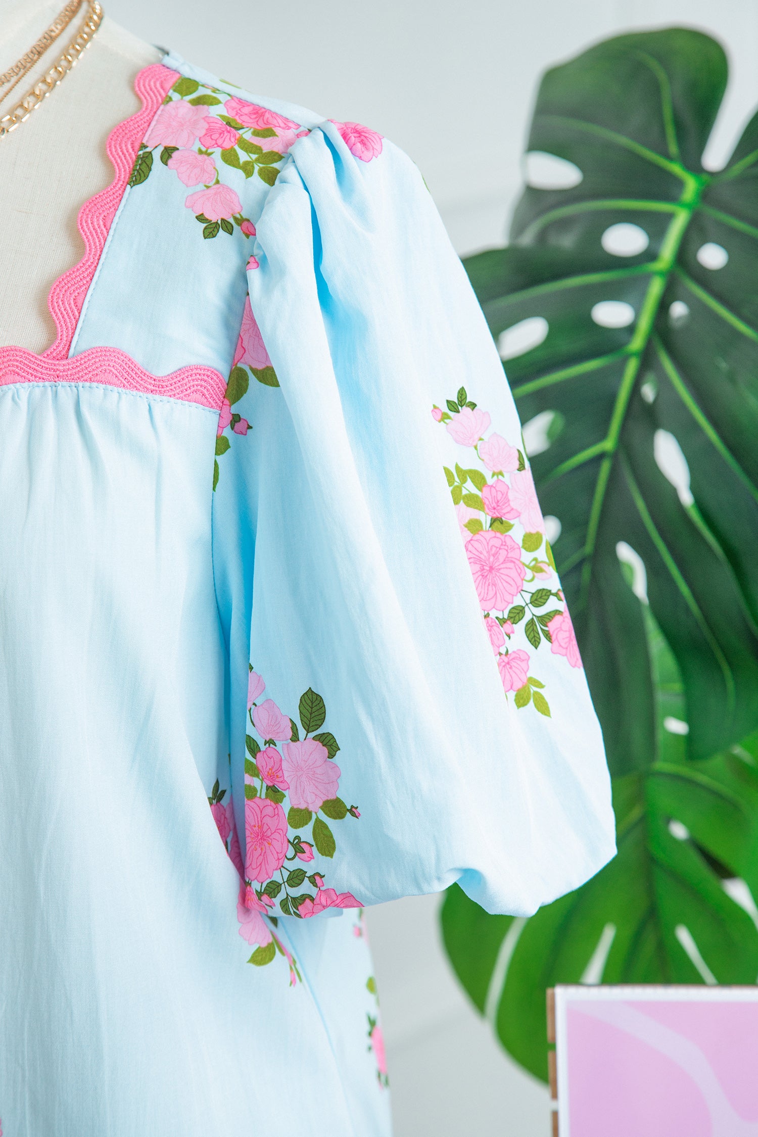 Sky Blue Floral Printed Contrast Ricrac Detail Bubble Sleeve Blouse-Tops/Blouses & Shirts-[Adult]-[Female]-2022 Online Blue Zone Planet