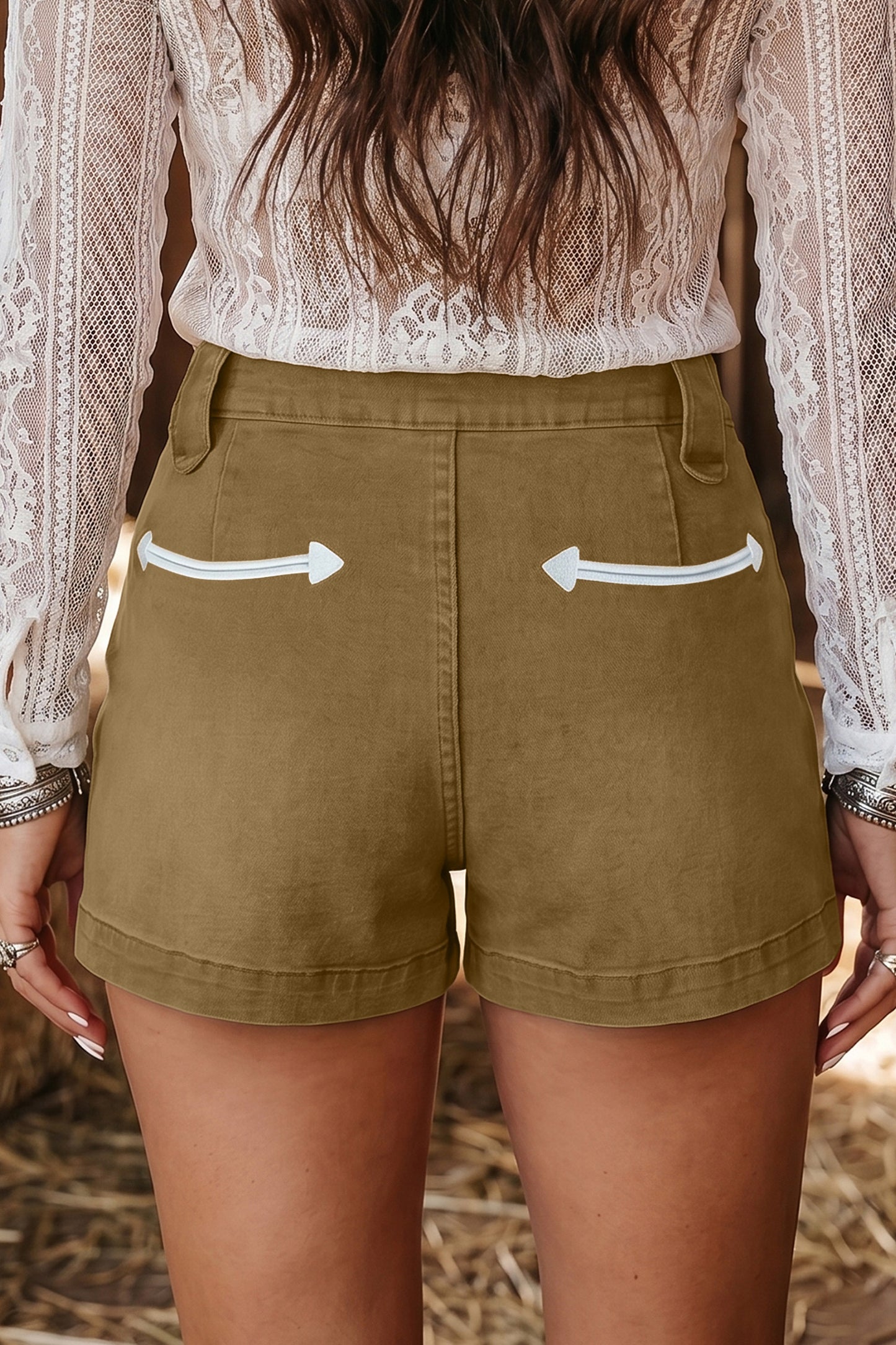Pale Khaki Contrast Arrow Detail Western Denim Shorts