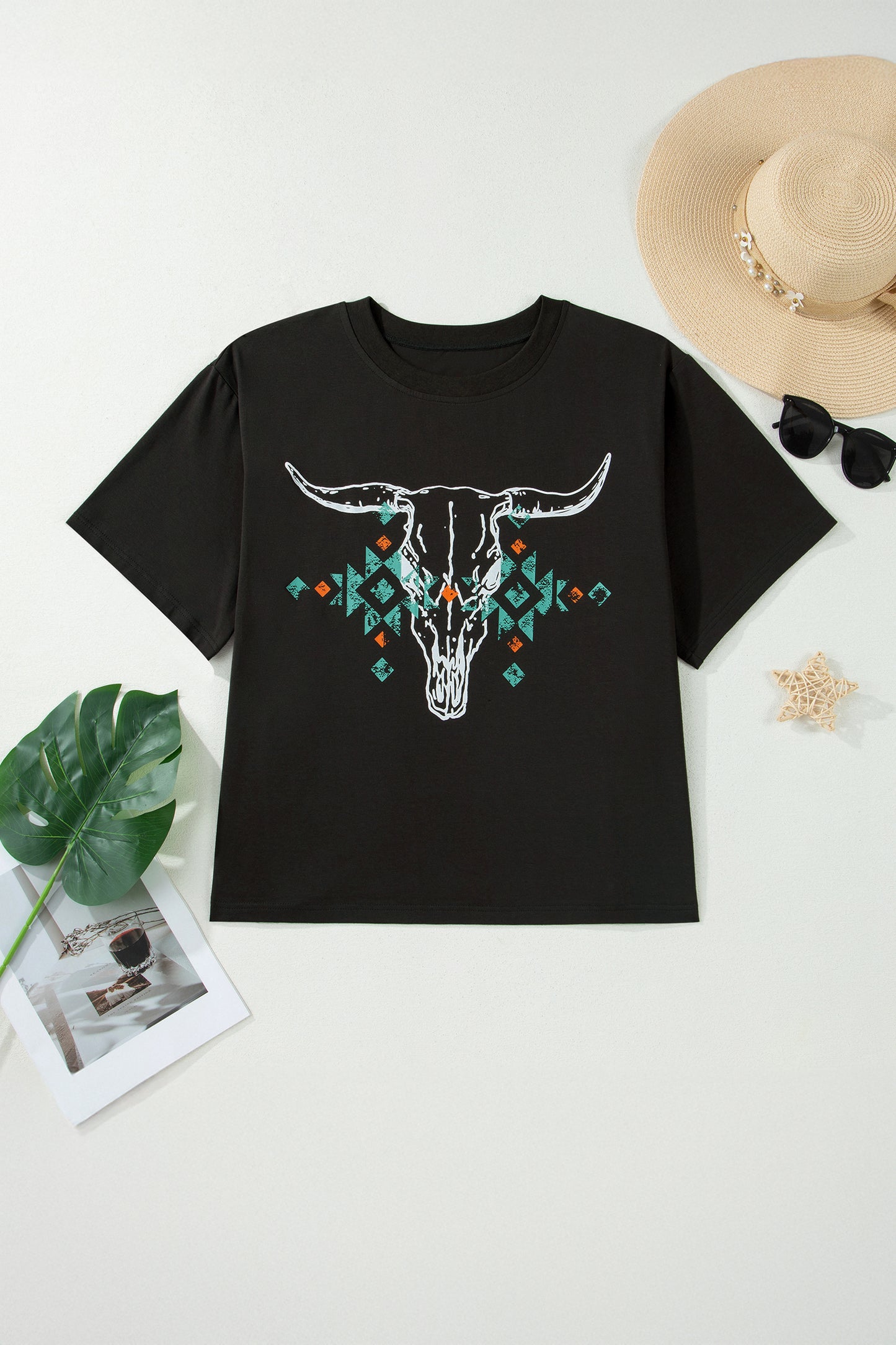 Carbon Grey Plus Size Western Aztec Bull Skull Printed T Shirt-Plus Size/Plus Size Tops/Plus Size Tops & Tees-[Adult]-[Female]-2022 Online Blue Zone Planet