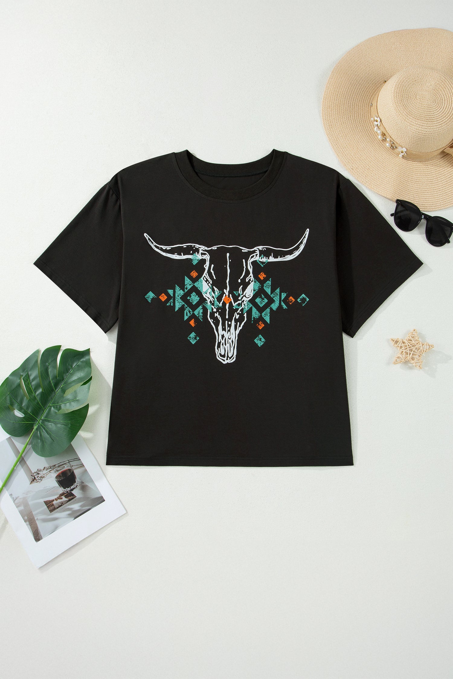 Carbon Grey Plus Size Western Aztec Bull Skull Printed T Shirt-Plus Size/Plus Size Tops/Plus Size Tops & Tees-[Adult]-[Female]-2022 Online Blue Zone Planet