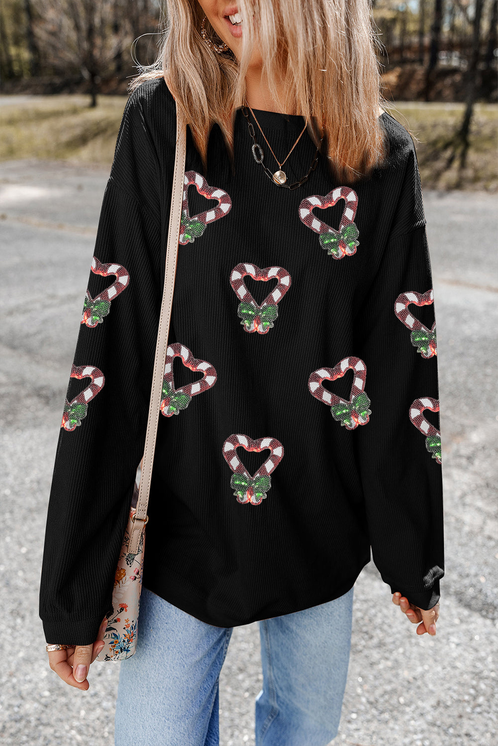 Black Sequin Christmas Candy Cane Heart Graphic Drop Shoulder Ribbed Sweatshirt-Graphic Sweatshirts-[Adult]-[Female]-2022 Online Blue Zone Planet