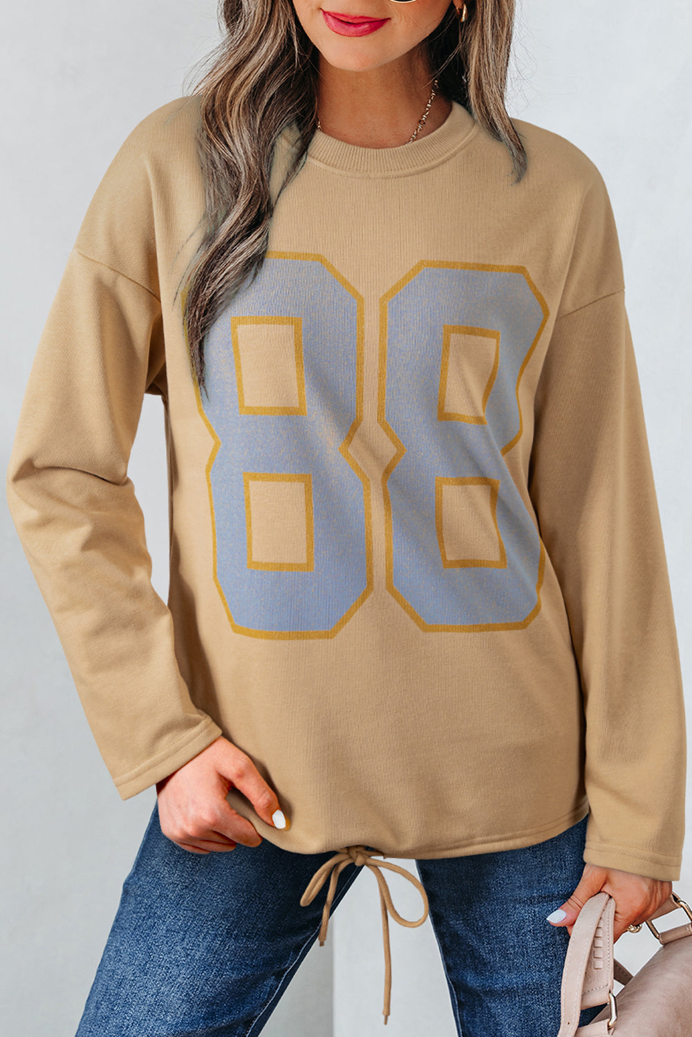 Khaki 88 Number Graphic Drawstring Hemline Oversize Long Sleeve Top-Tops/Long Sleeve Tops-[Adult]-[Female]-2022 Online Blue Zone Planet