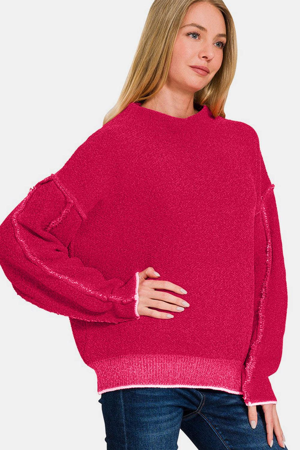 Blue Zone Planet | Zenana Exposed Seam Mock Neck Long Sleeve Sweater-TOPS / DRESSES-[Adult]-[Female]-2022 Online Blue Zone Planet