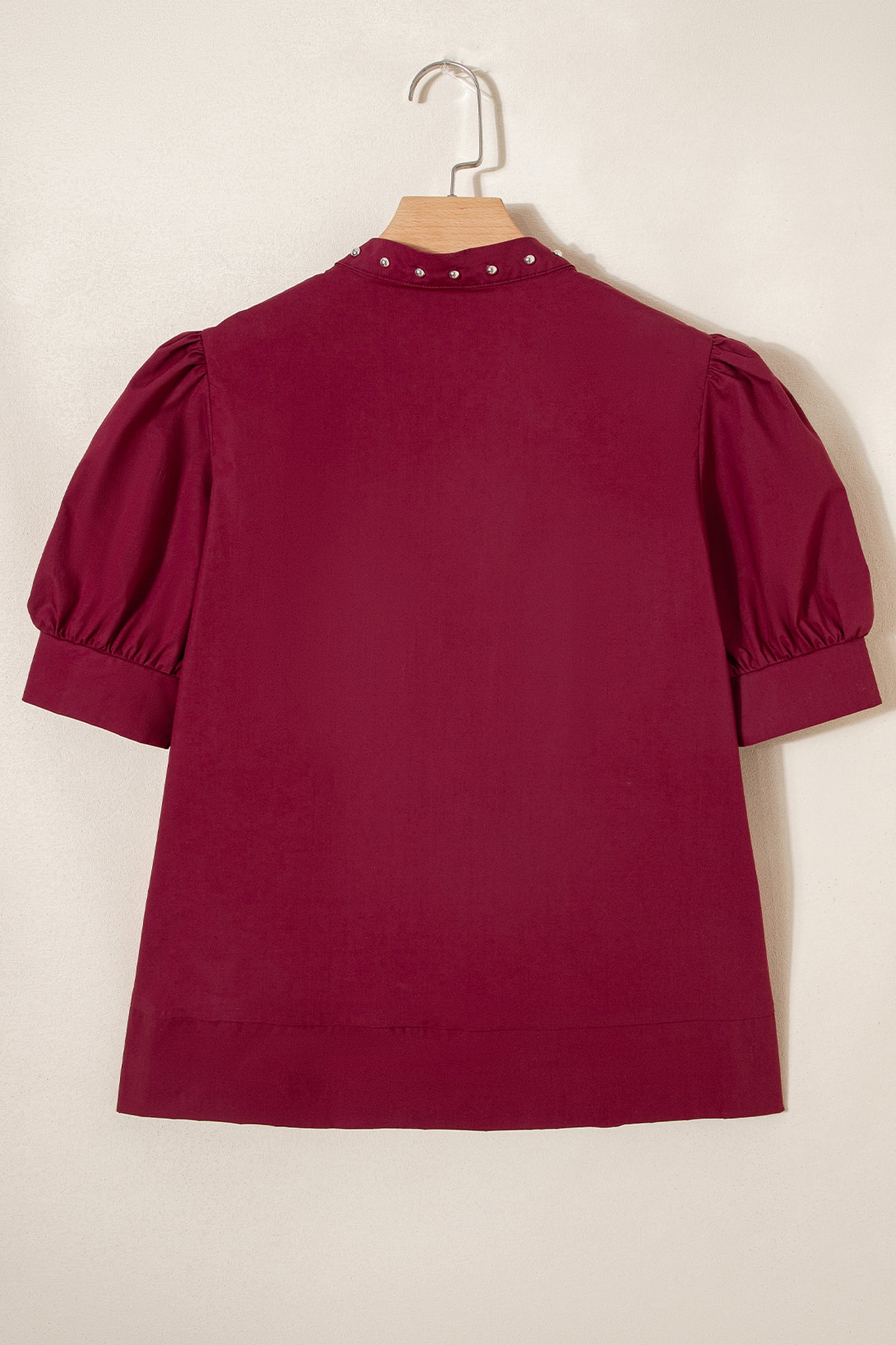 Burgundy Rivet Embellished V Neck Short Puff Sleeve Blouse-Tops/Blouses & Shirts-[Adult]-[Female]-2022 Online Blue Zone Planet