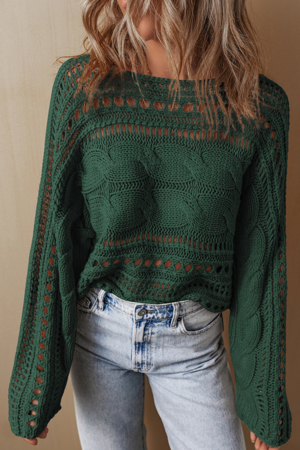 Black Hollow-out Cable Knit Cropped Sweater-TOPS / DRESSES-[Adult]-[Female]-Blackish Green-S-2022 Online Blue Zone Planet