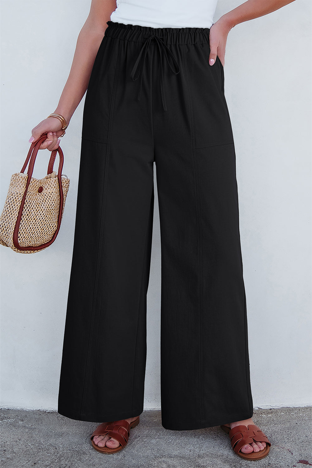 Black Solid Color Drawstring Elastic Waist Casual Loose Pants-Bottoms/Pants & Culotte-[Adult]-[Female]-Black-S-2022 Online Blue Zone Planet